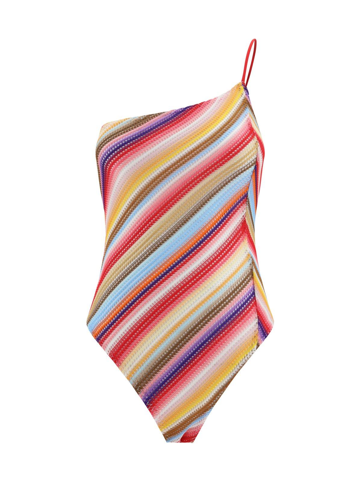 Shop Missoni One-shoulder Striped Swimsuit In Red