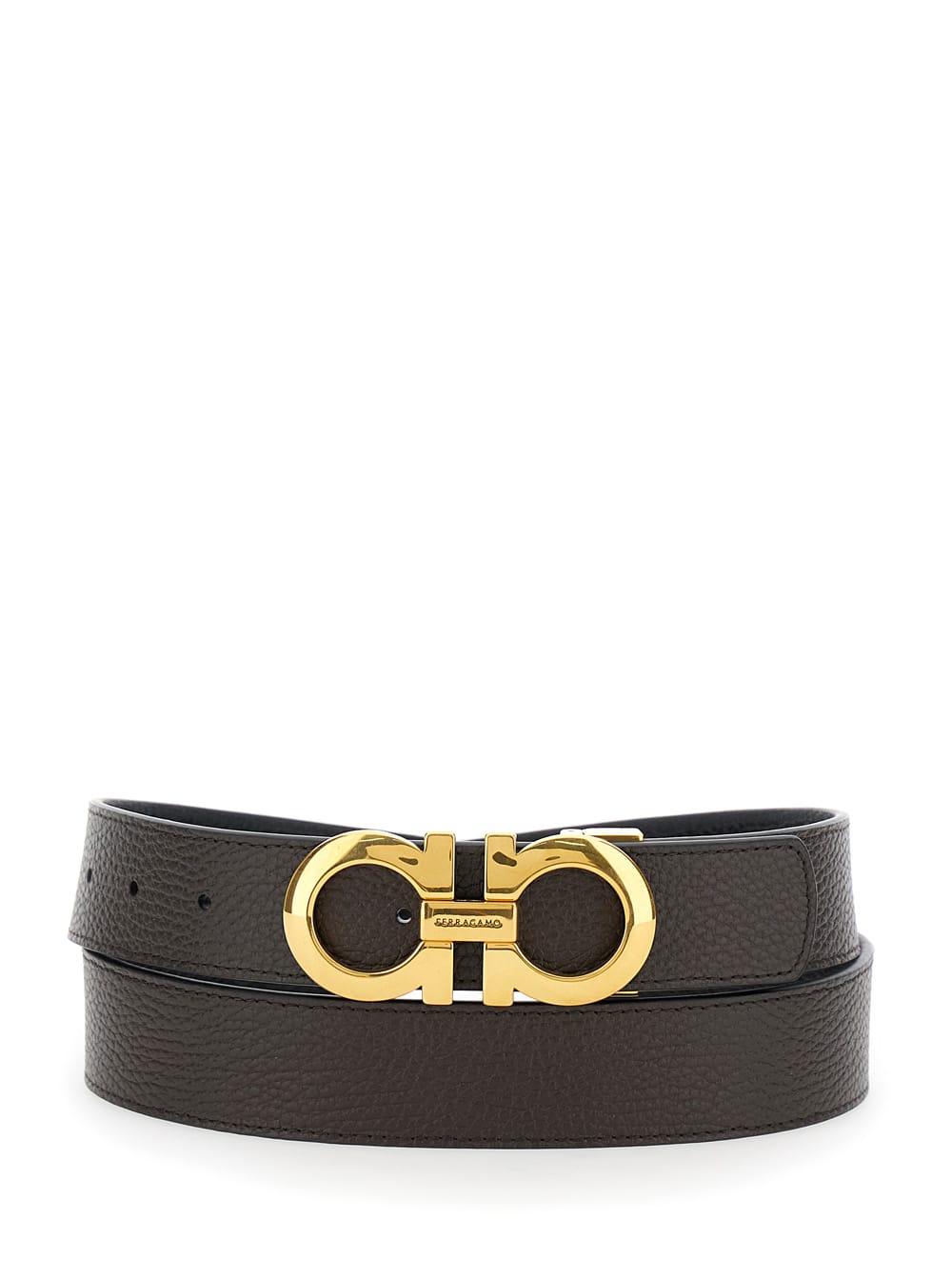 Shop Ferragamo Brown And Black Reversible Belt With Gancini Buckle In Hammered Leather Man