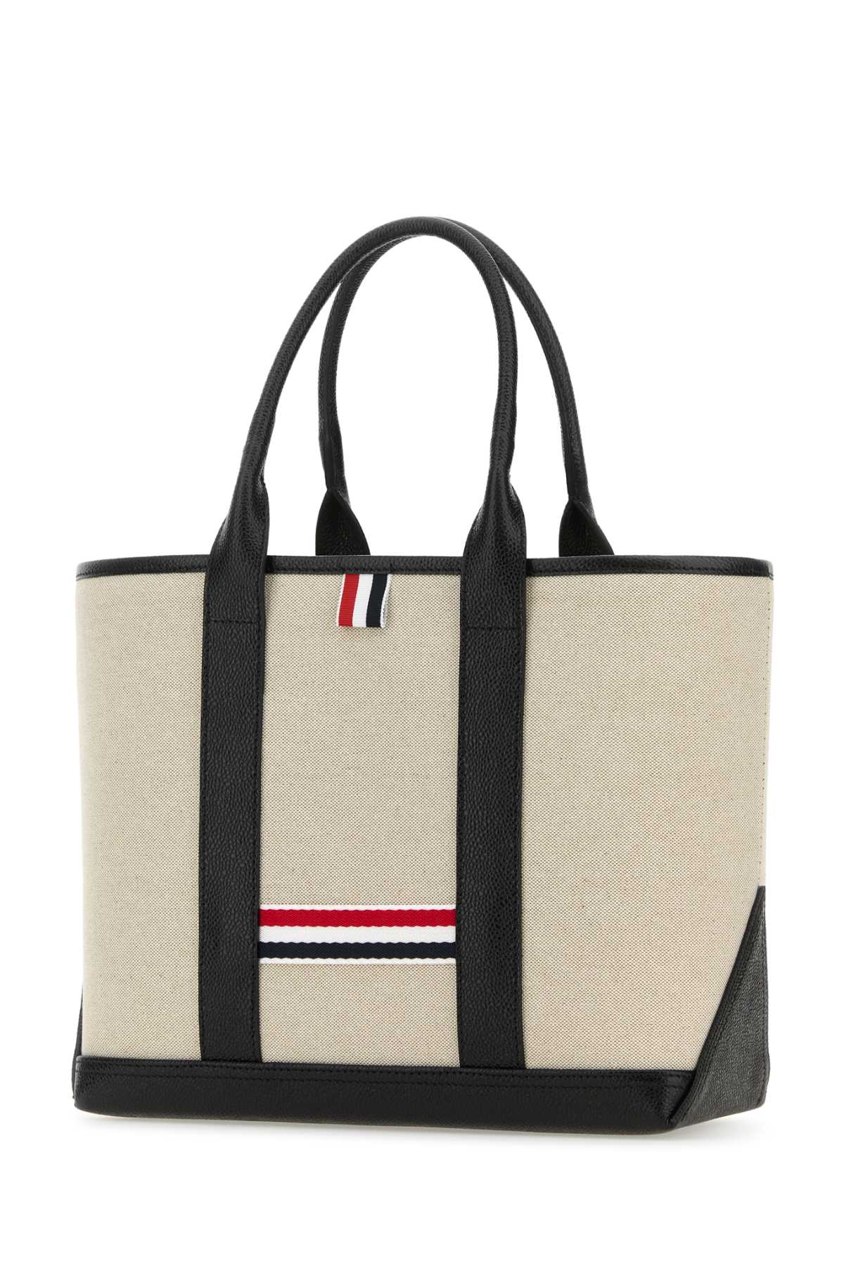 Shop Thom Browne Sand Canvas Rwb-stripe Shopping Bag In Black