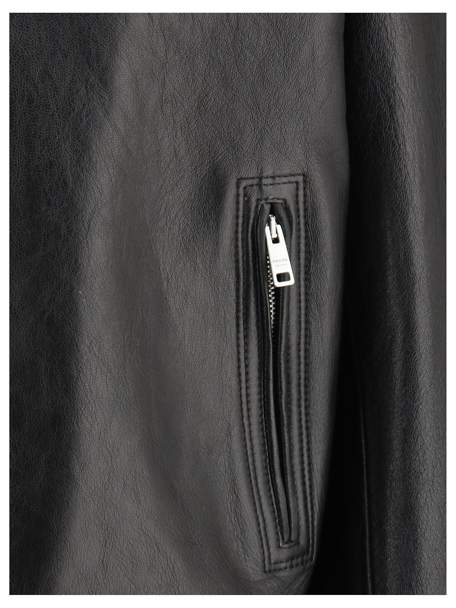 Prada Biker Leather Jacket In Nero