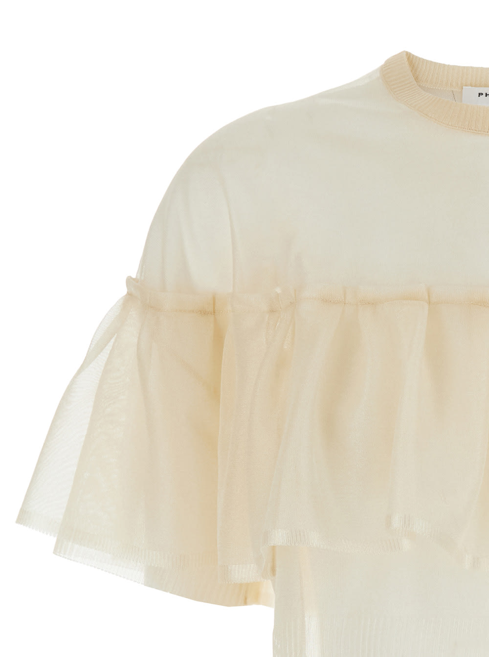 Shop Philosophy Di Lorenzo Serafini Beige Crewneck T-shirt With Ruffles In Tech Fabric Woman