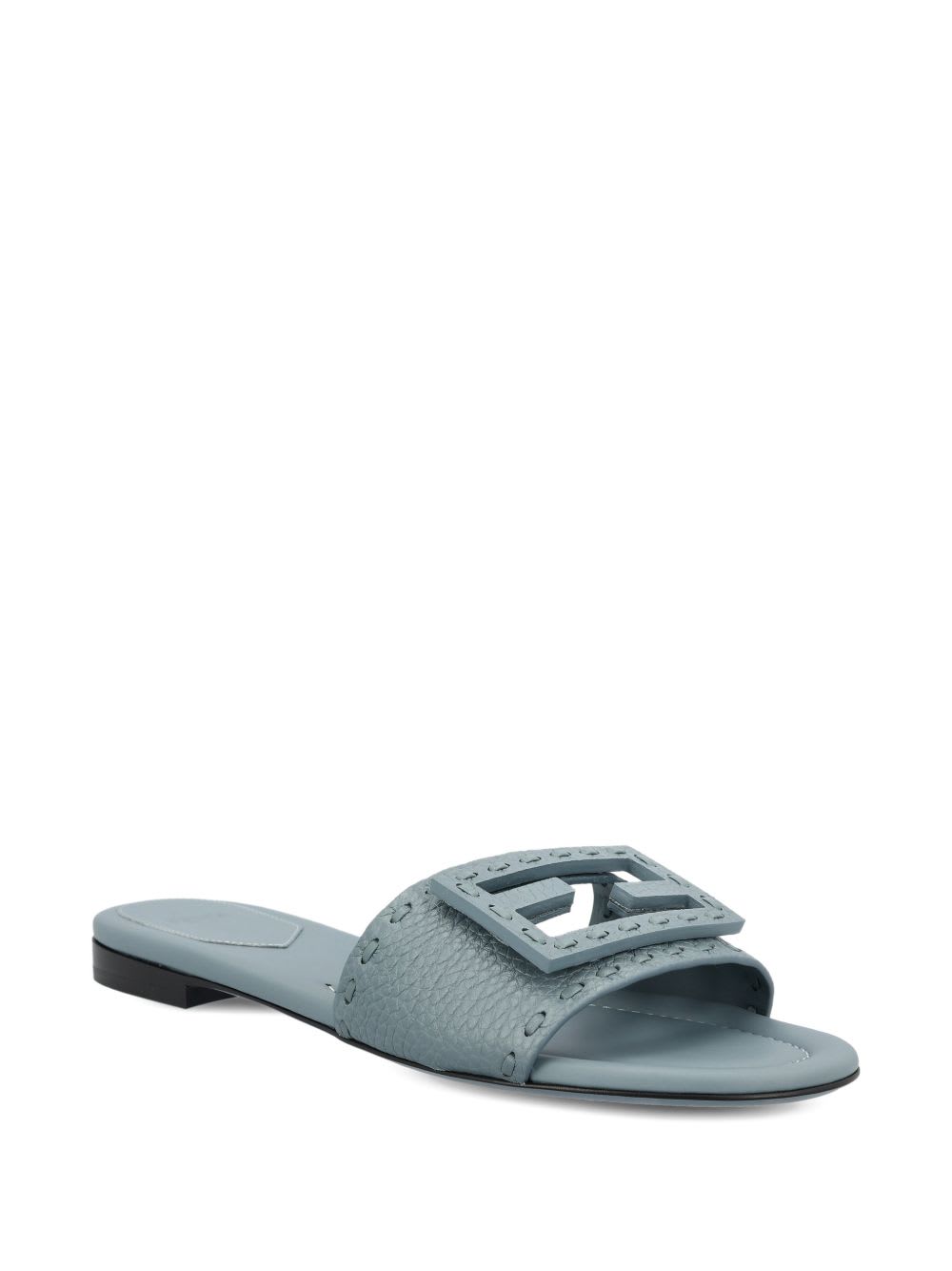 Fendi Leather Slides Buckle Detail Flat Sole In Gray