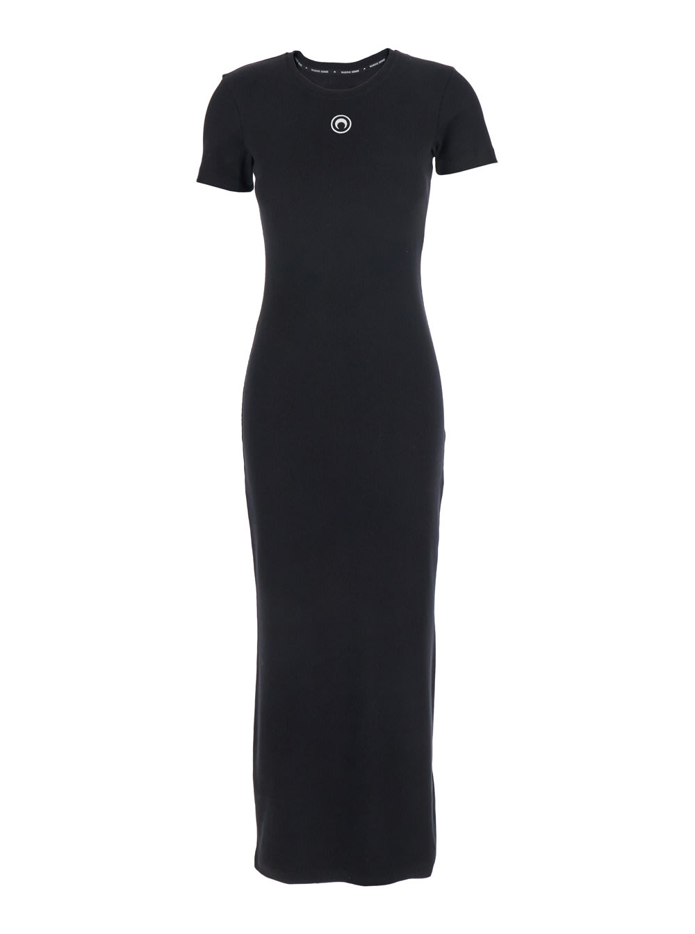 Marine Serre Black Long Dress With Crescent Moon Logo Embroidered On The Front