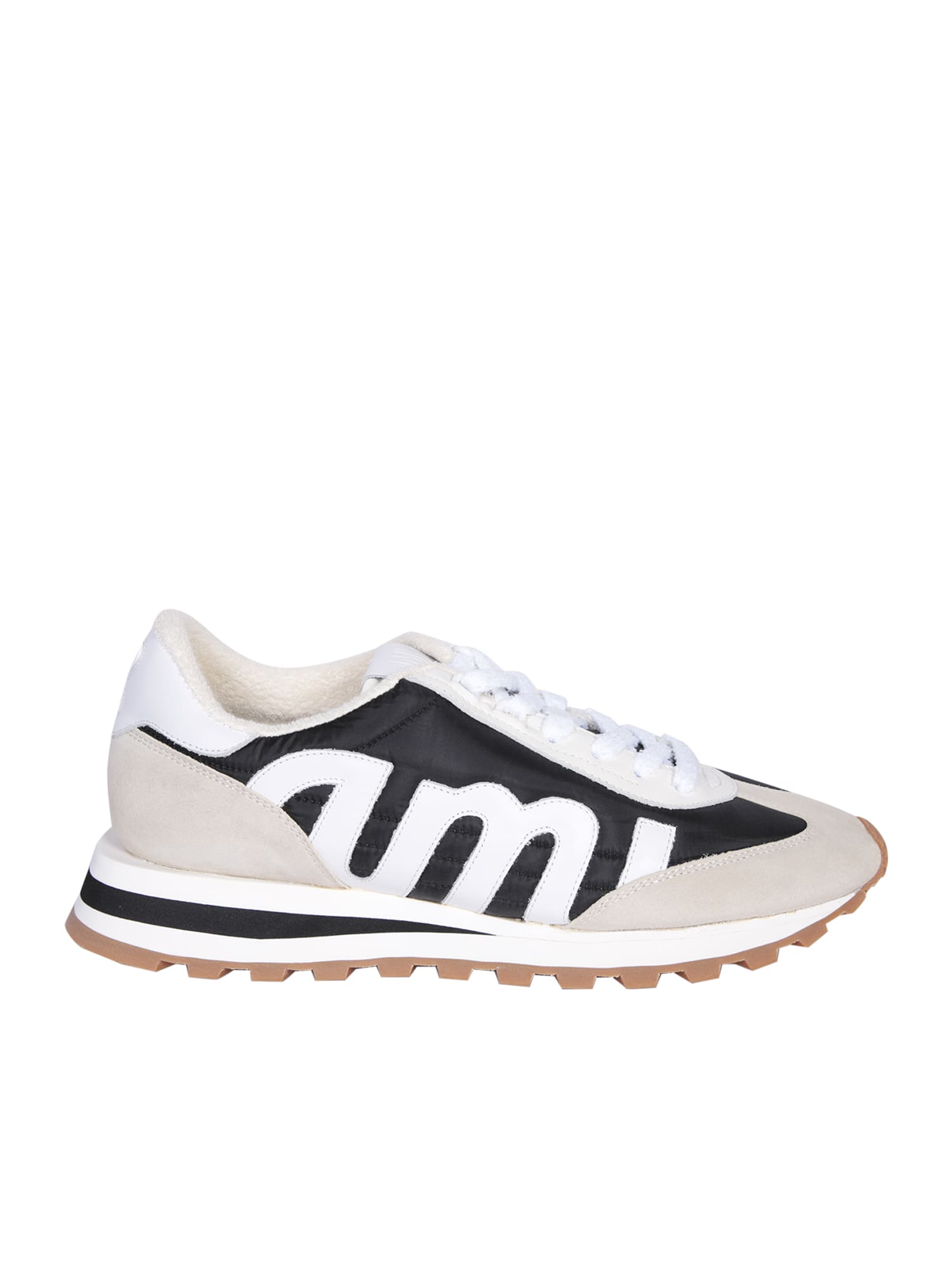 Ami Rush Leather And Canvas Sneakers In Black And Ivory