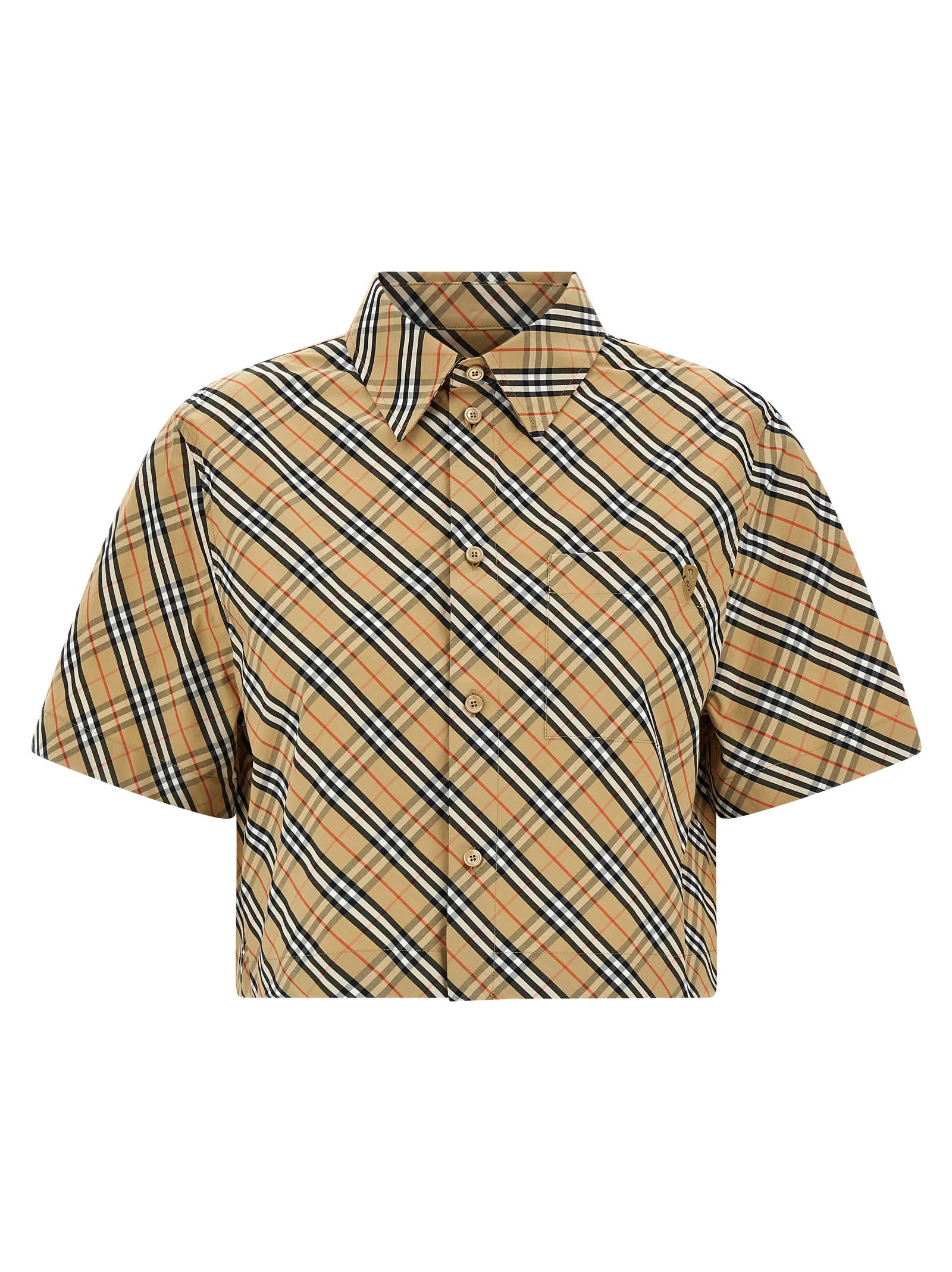 Burberry Cropped Check Cotton Shirt In Brown