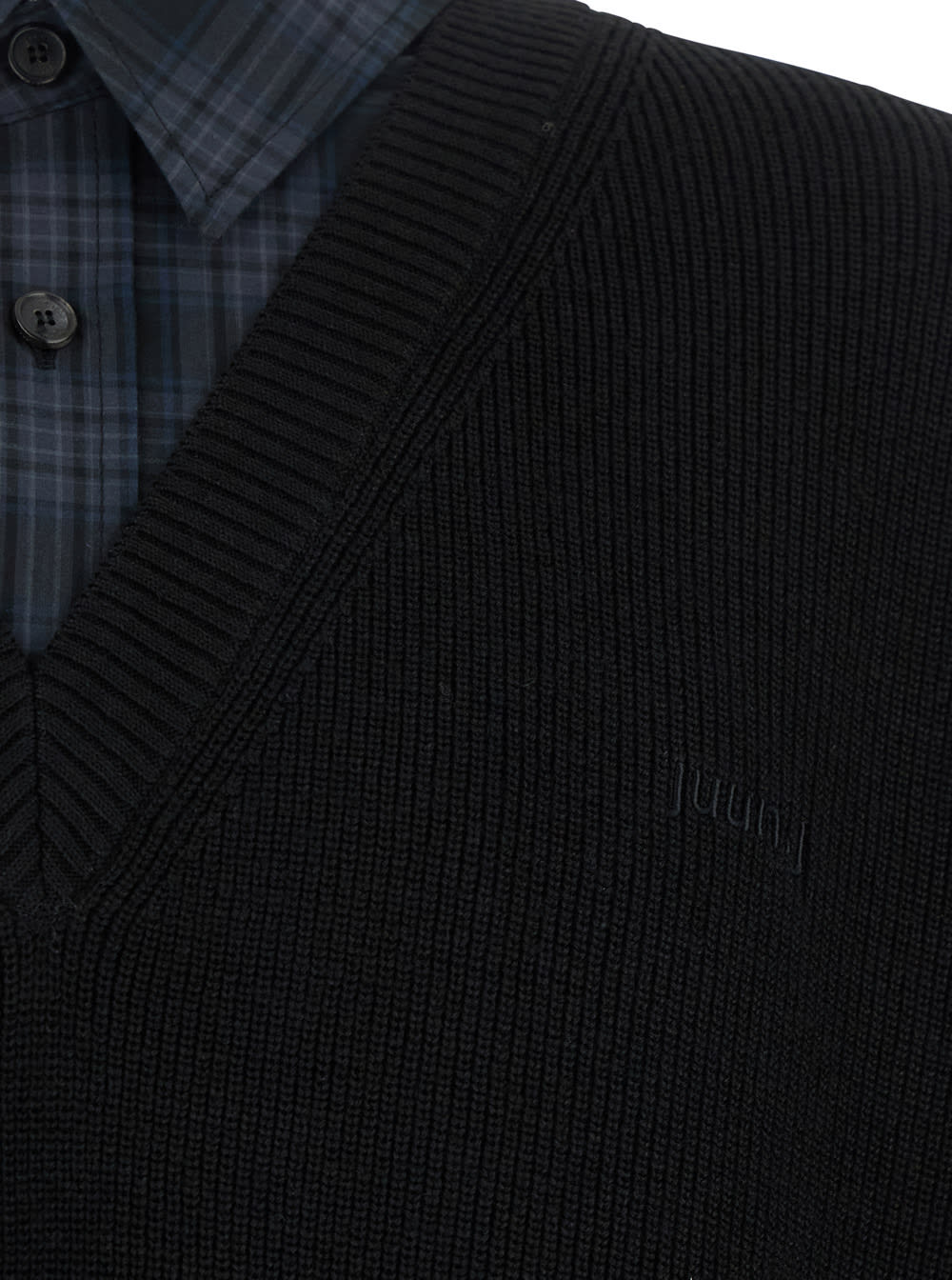 Juunj Check Shirts Layered V-neck Sweater In Black