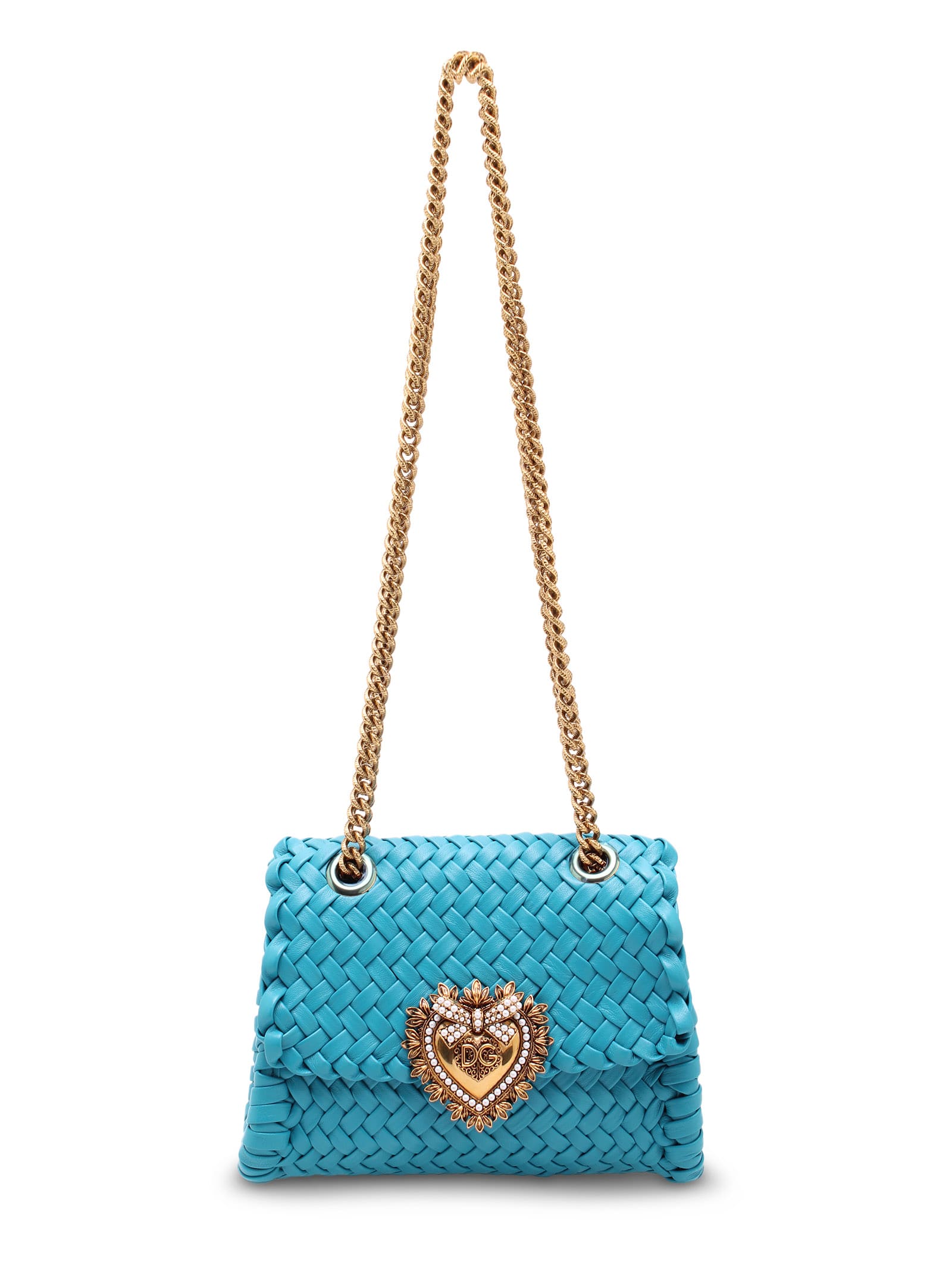 Dolce & Gabbana Devotion Leather Shoulder Bag In Turquoise