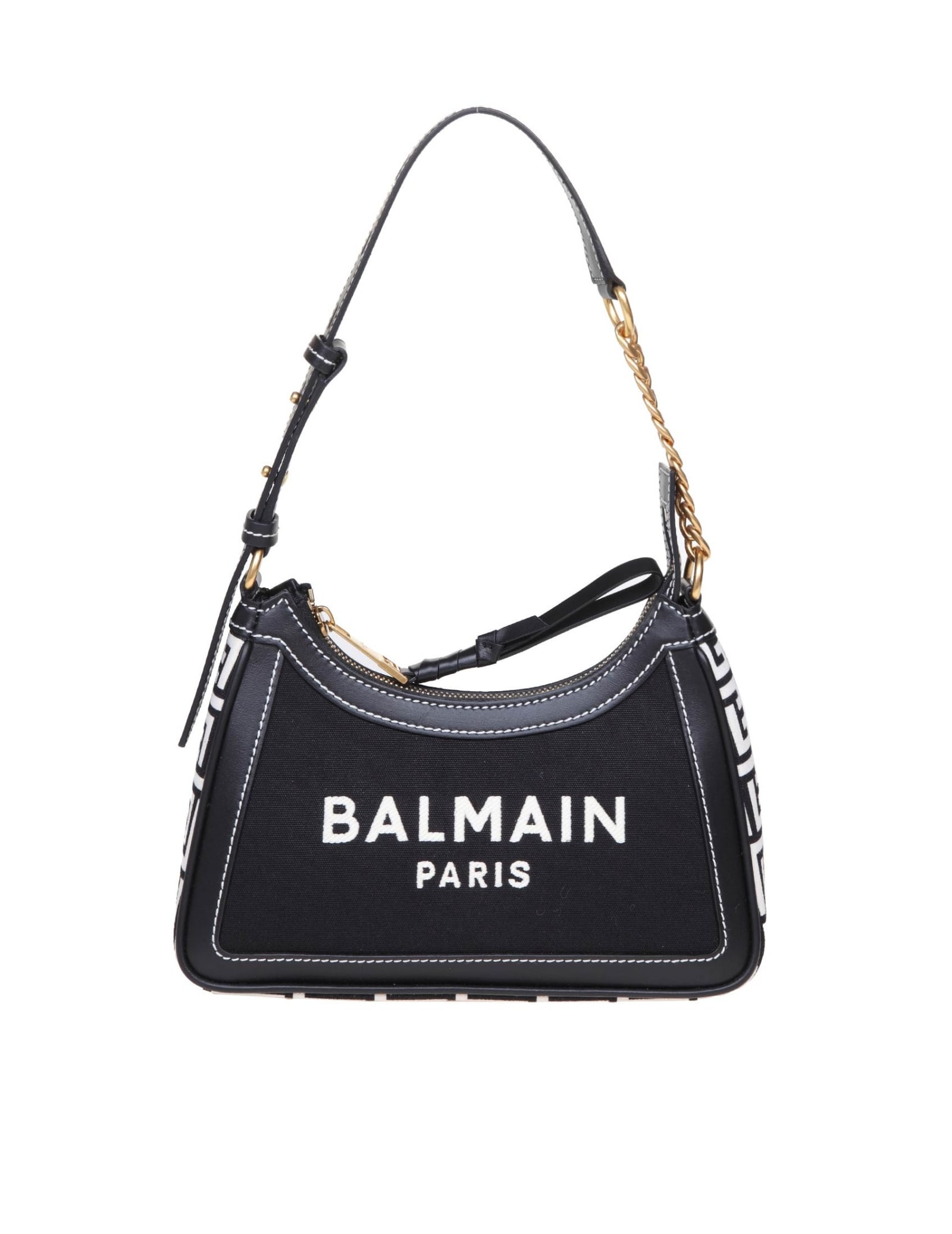 Shop Balmain B-army Shoulder Bag In Canvas And Leather In Ivoire/noir