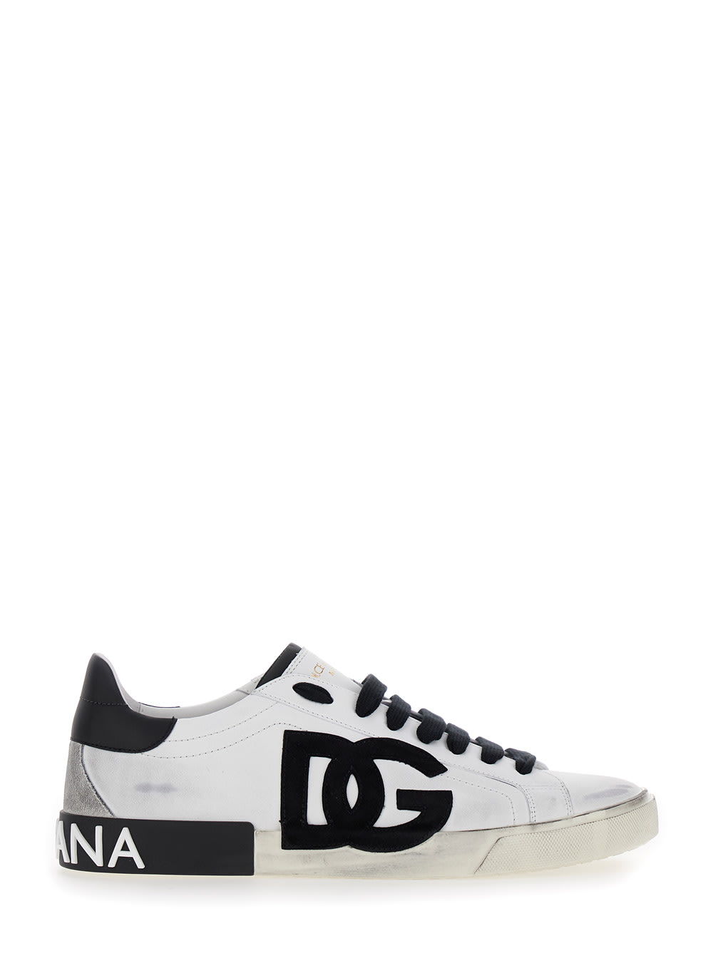 Shop Dolce & Gabbana Portofino White And Black Low Top Sneakers With Logo Patch And Used Effect In Leather Man In White/black