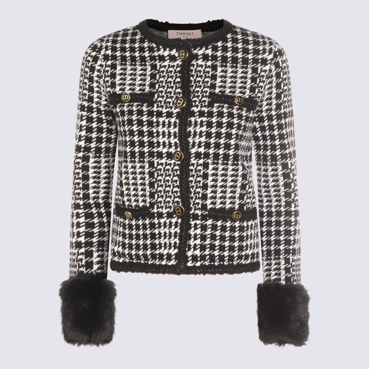 Twinset Houndstooth Pattern Jacket With Faux Fur Accents In Black