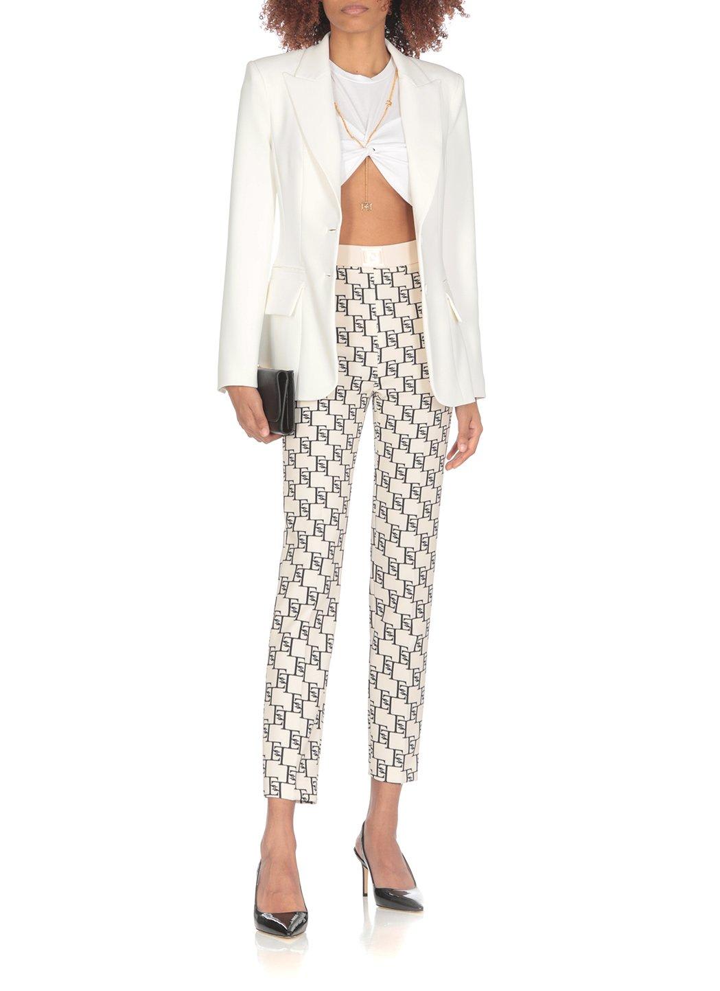 Shop Elisabetta Franchi Logo Plaque Monogram Trousers In Yellow Cream