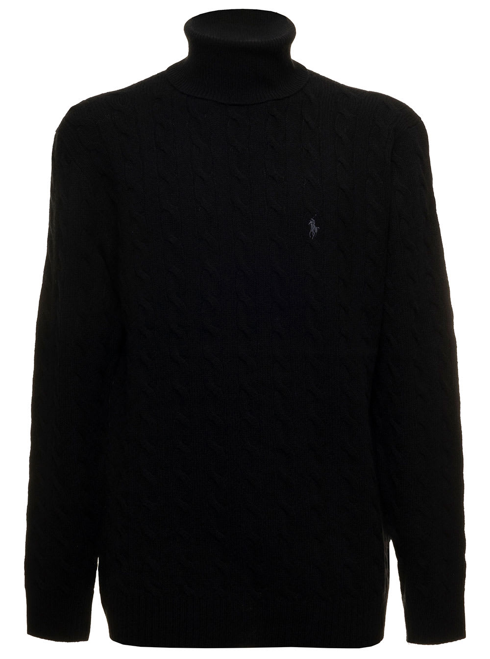 Ralph Lauren Black Turtleneck In Cable Wool And Cashmere Knit With Contrast Logo Embroidery On The Chest Man