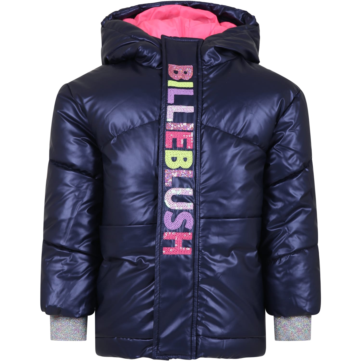 Shop Billieblush Blue Padded Coat With Sequined Logo For Girl