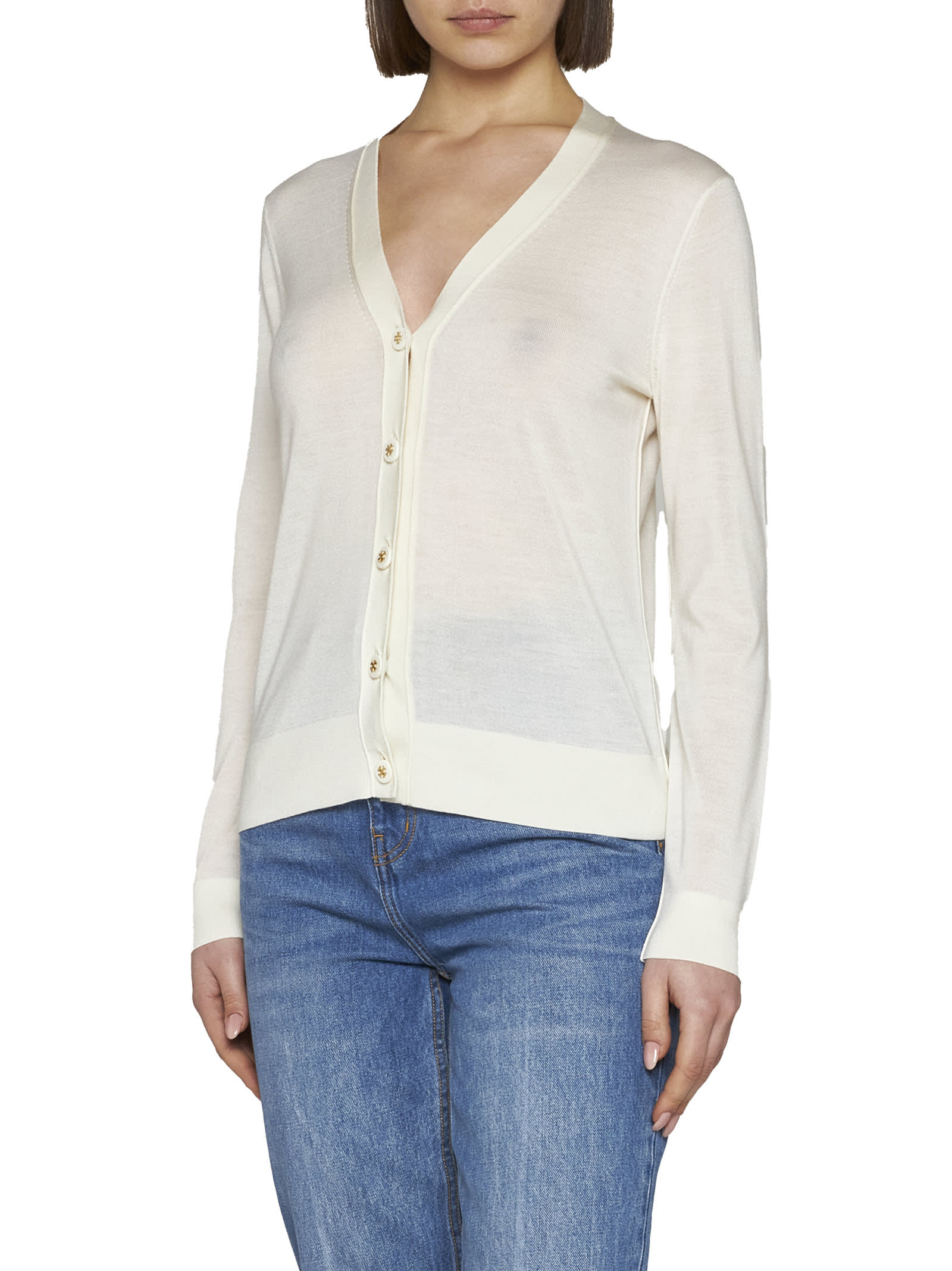 Tory Burch 'simone' Wool And Silk Cardigan In Panna