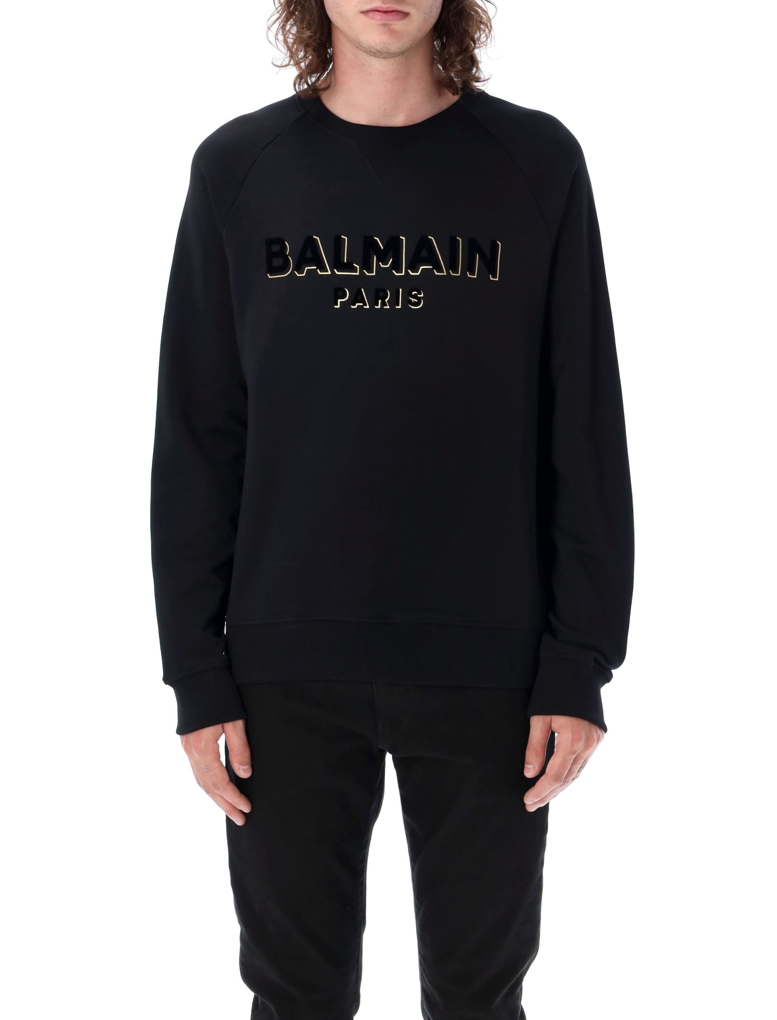 Shop Balmain Crewneck Logo Flock In Nero