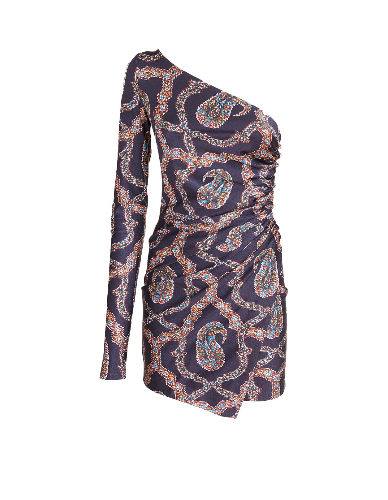 Etro Navy Blue One Shoulder Mini Dress With Paisley Print