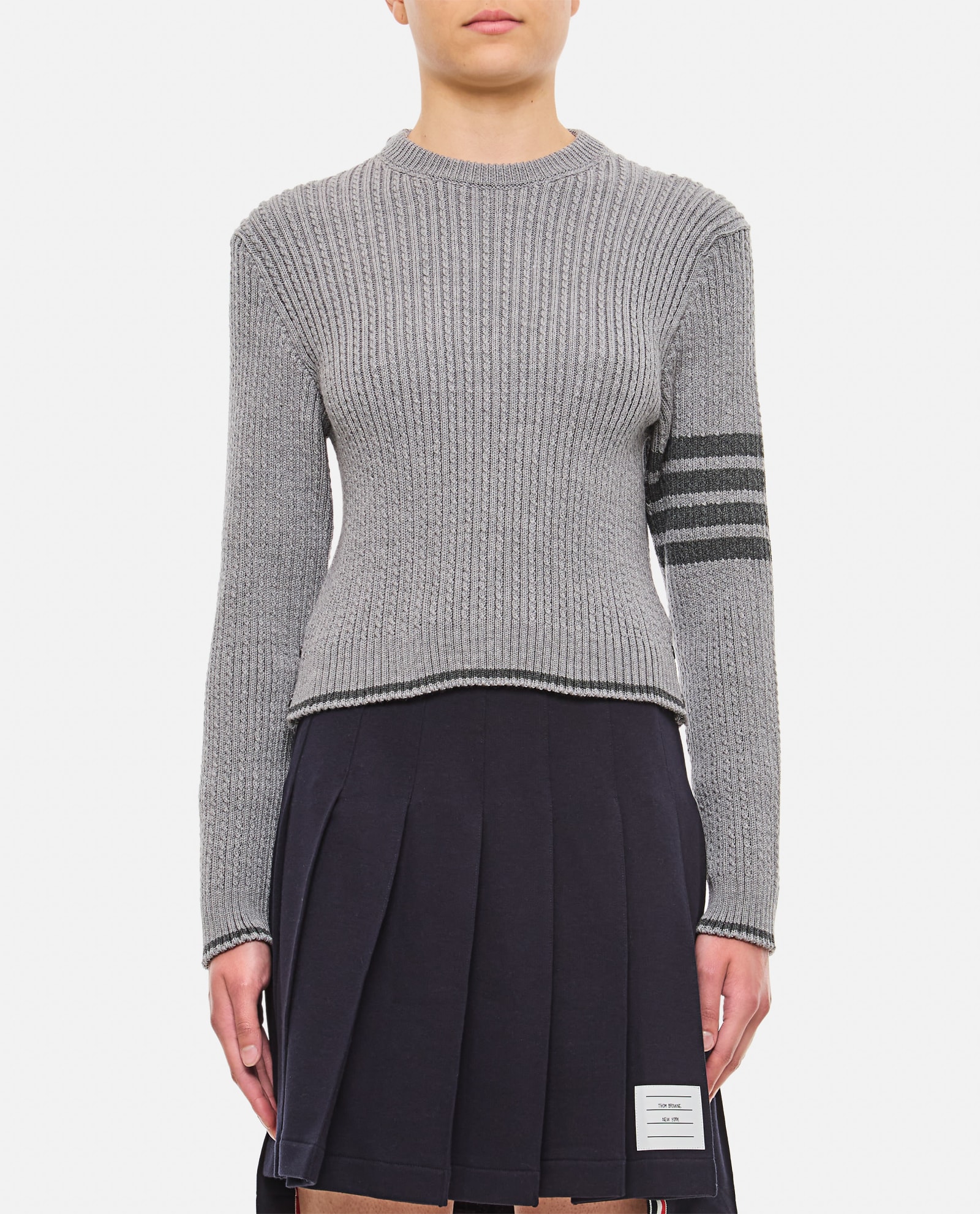 Shop Thom Browne Merino Wool Baby Cable Cropped Crew Neck Pullover In Grey