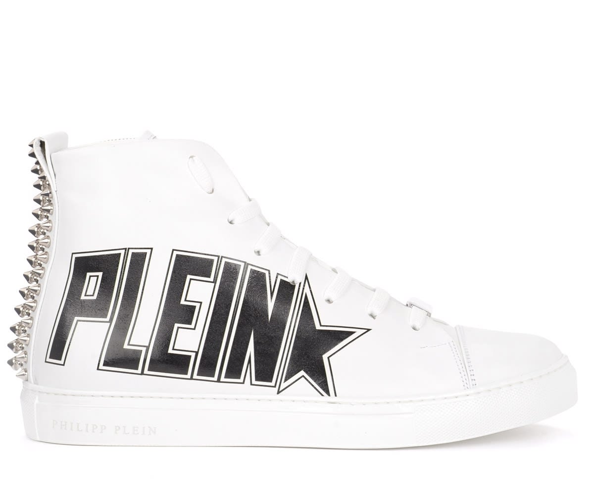 PHILIPP PLEIN HIGH SNEAKER IN WHITE LEATHER AND STUDS,11267216