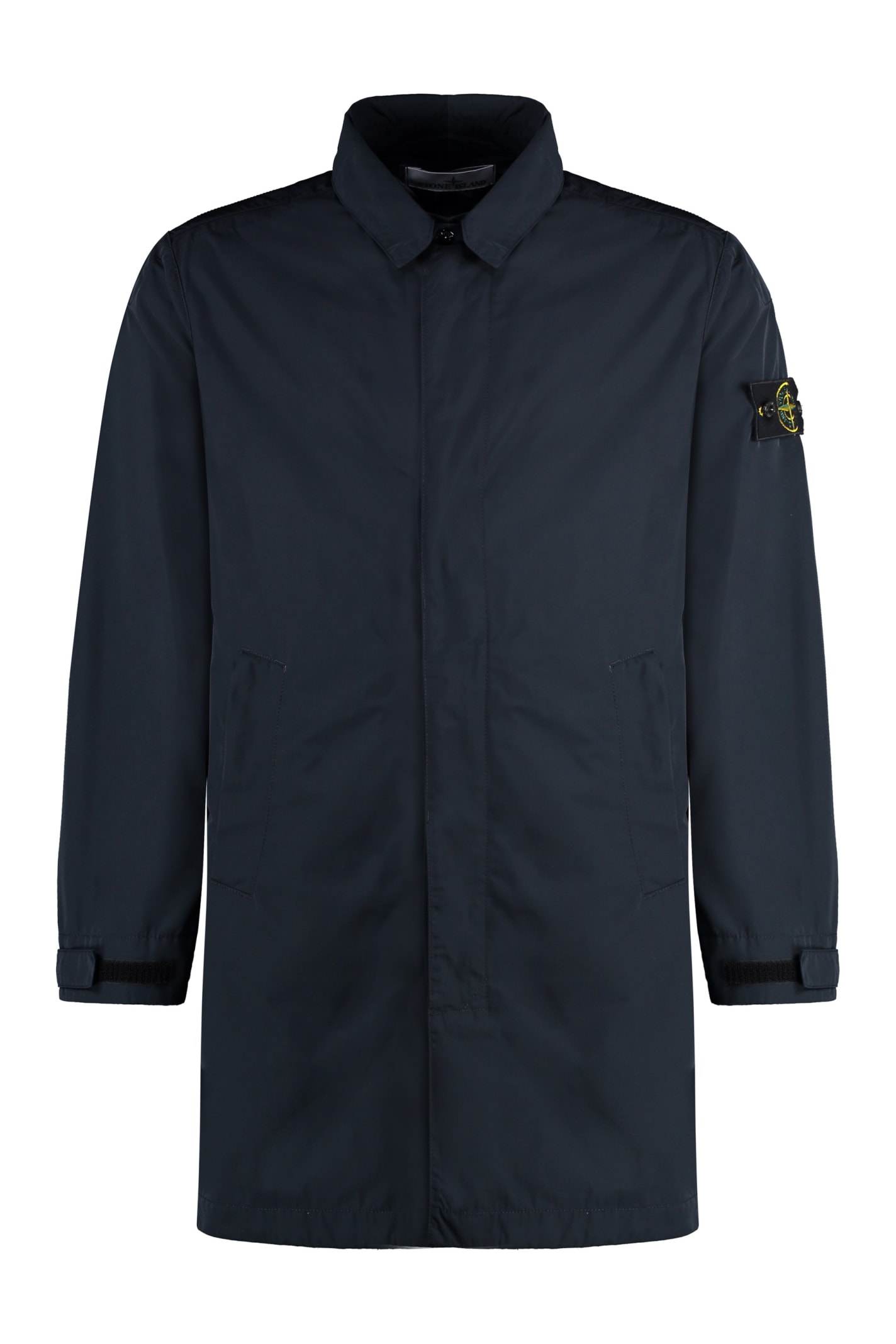 Stone Island Fabric Overcoat With Stand-up Collar And Back Vent In Blue