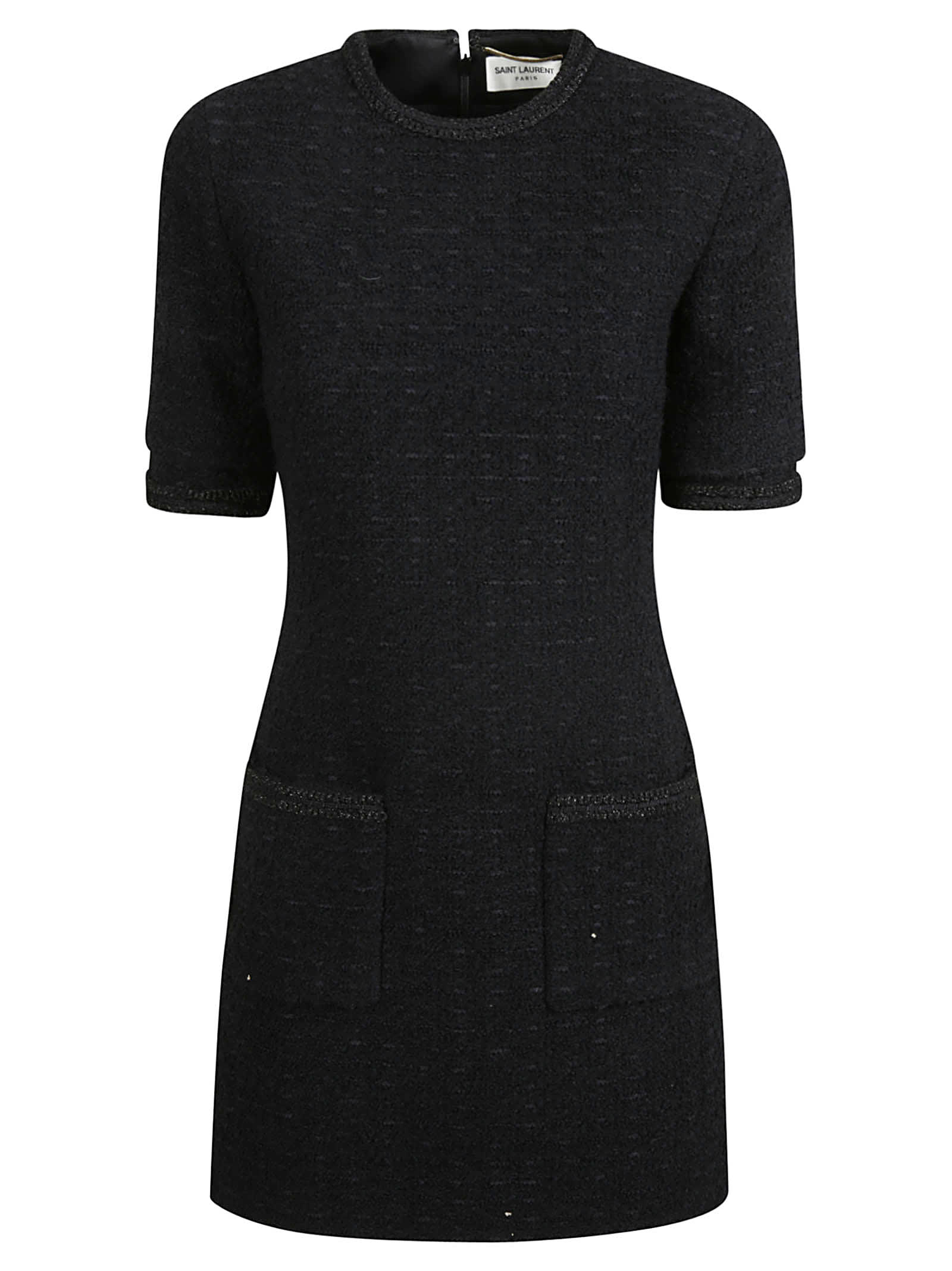 Saint Laurent Rear Zip Patched Pocket Tweed Short Dress
