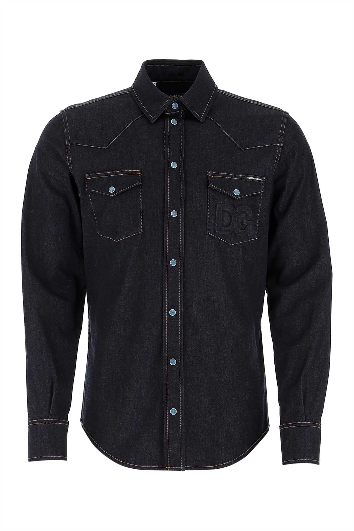 Shop Dolce & Gabbana Dark Blue Stretch Denim Shirt In Varianteabbinata