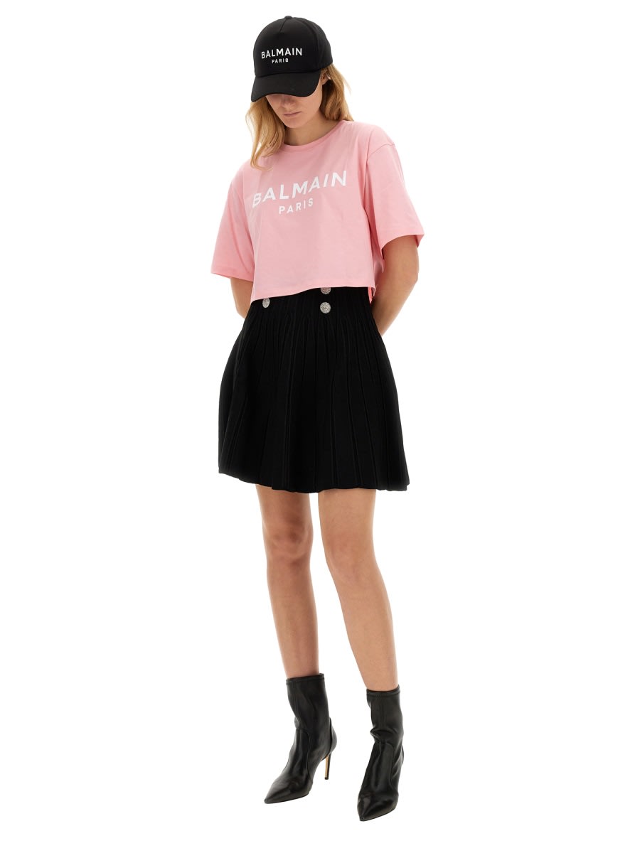 Balmain Logo Print Cropped T-shirt In Pink