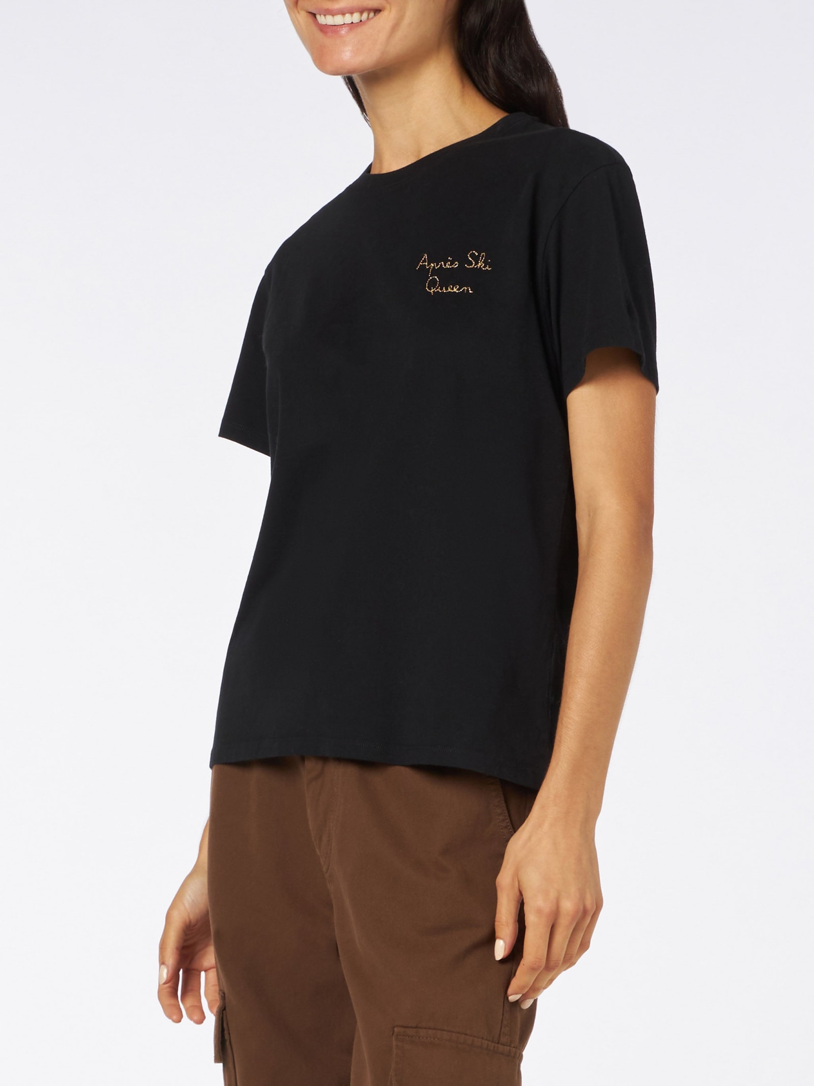 Mc2 Saint Barth Woman Heavy Cotton T-shirt With Aprés Ski Queen Embroidery In Black