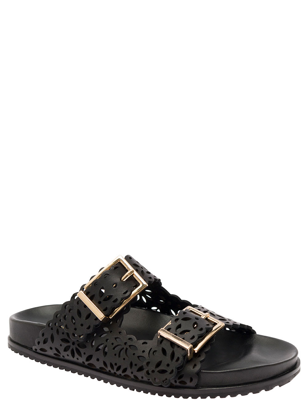 Shop Twinset Black Slip-on Slippers With Lace Effect Leather Woman