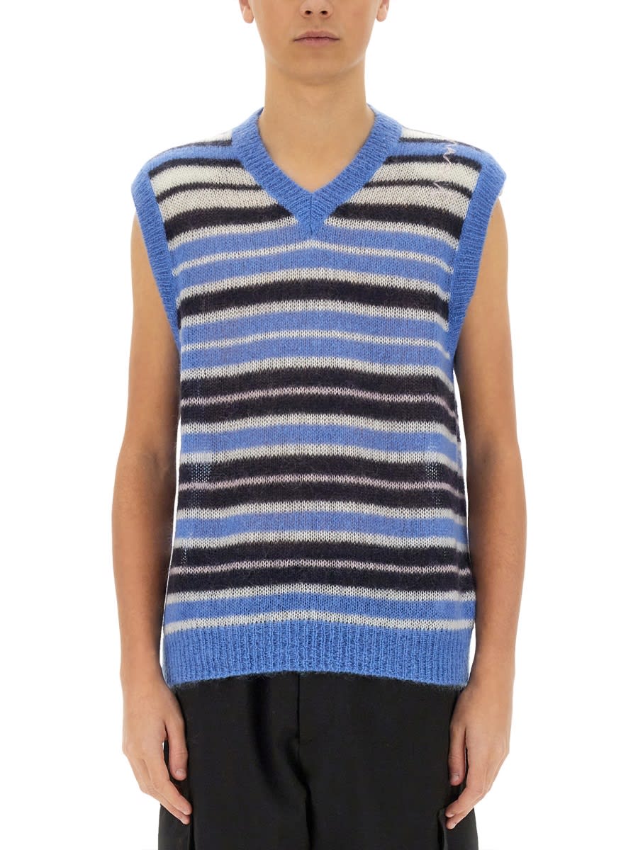 Marni Mens Striped-print V-neck Relaxed-fit Wool-blend Vest Blue Lilac In Multicolour