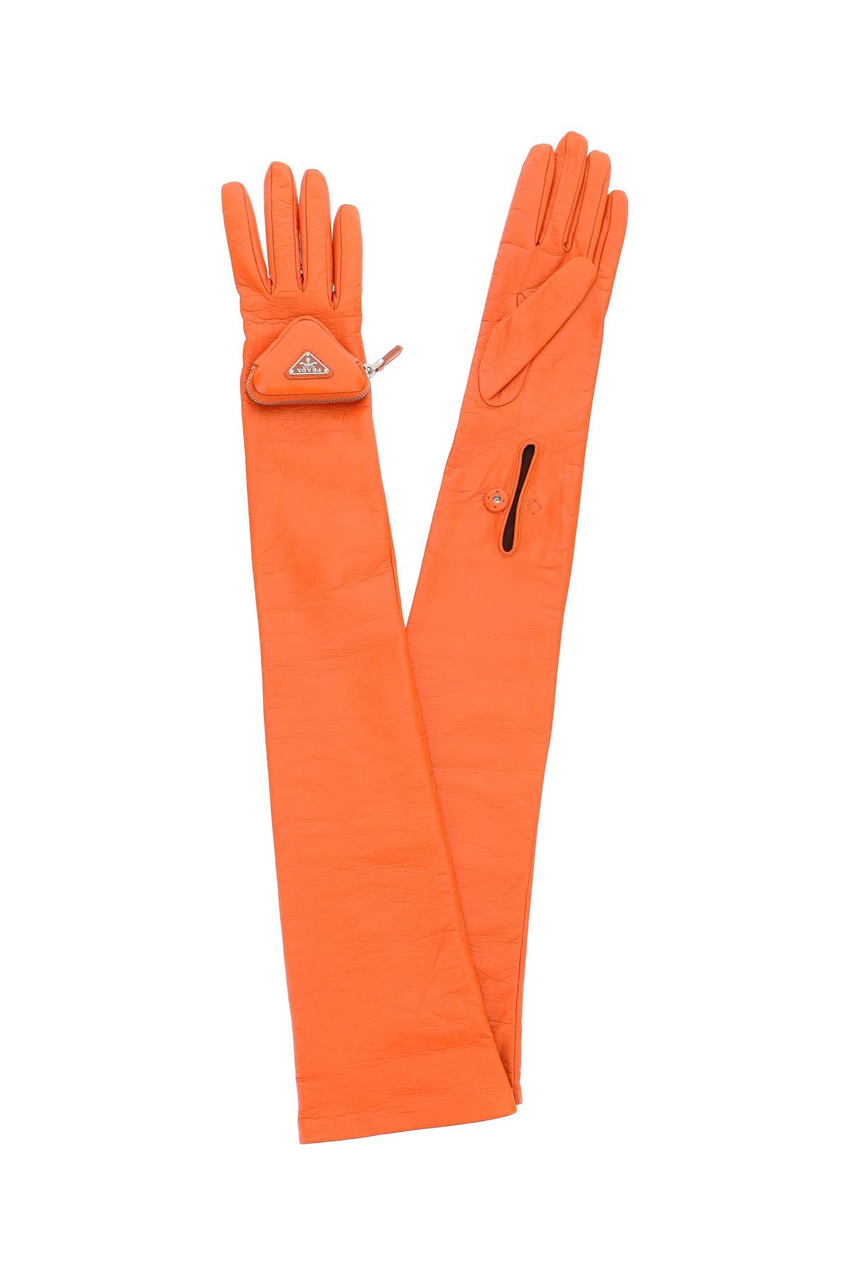 Shop Prada Leather Long Gloves With Pouch In F0049