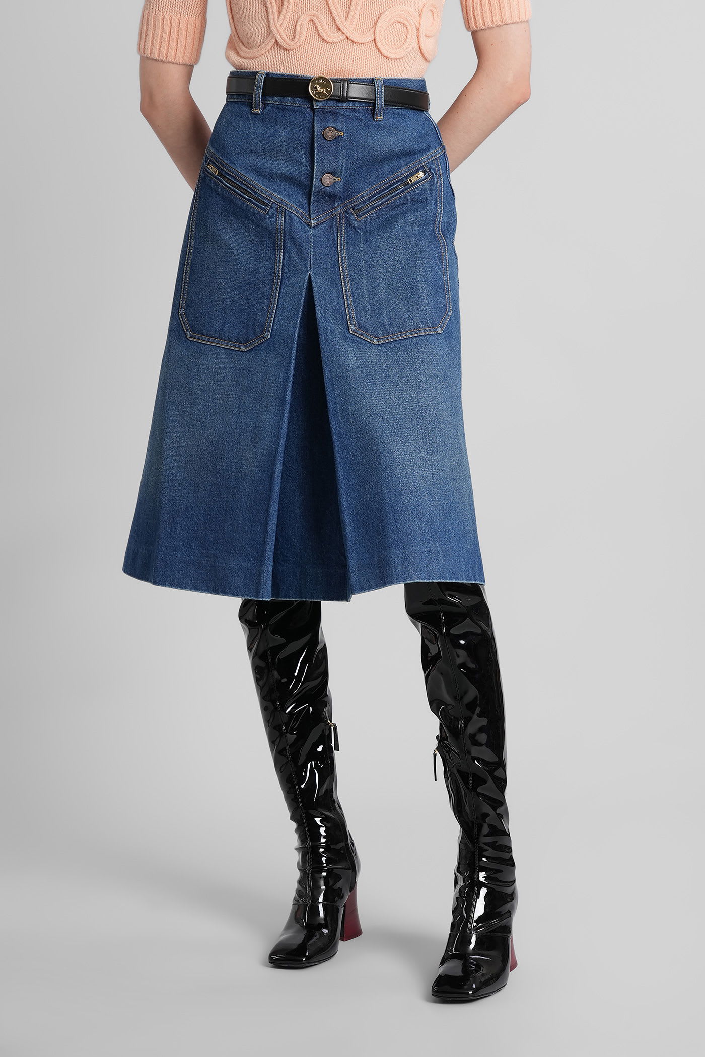 Chloé Button-front Denim Midi Skirt With Patch Pockets In Blue