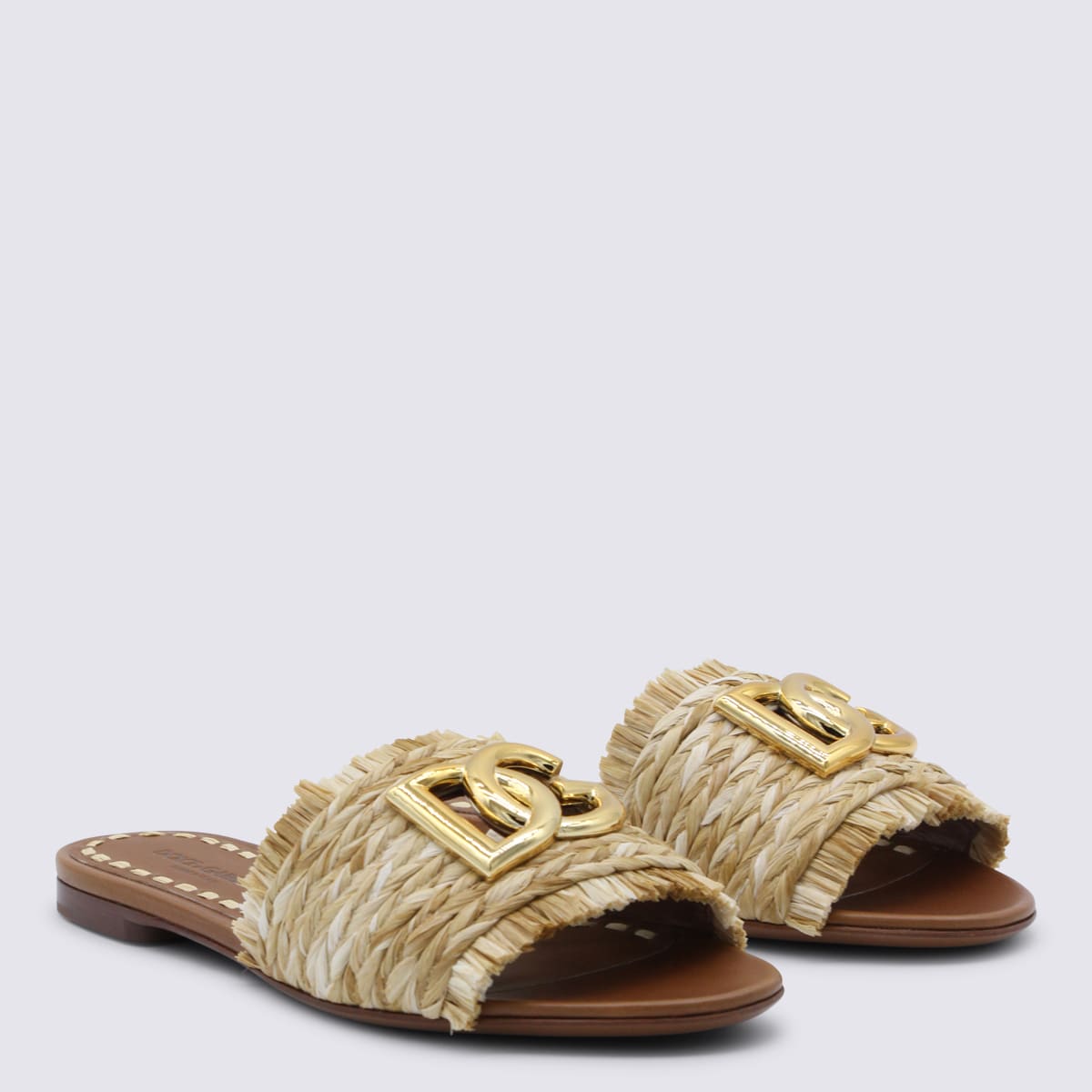 Dolce & Gabbana Ciabatte In Rafia Con Logo Oro Dolce E Gabbana In Brown