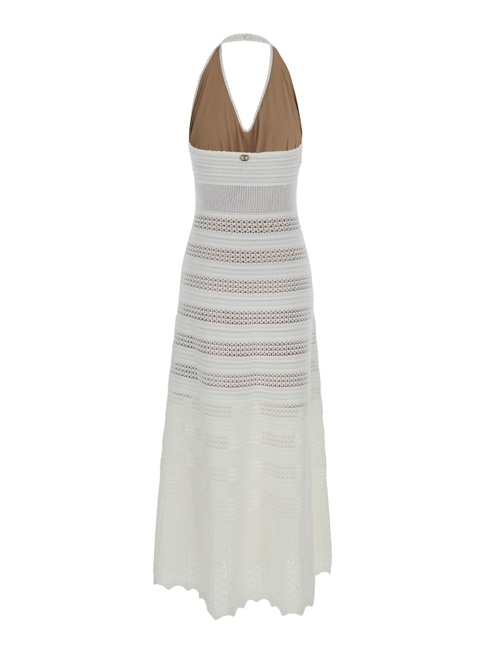 Long Perforated White Dress With Halterneck In Viscose Blend Knit Woman