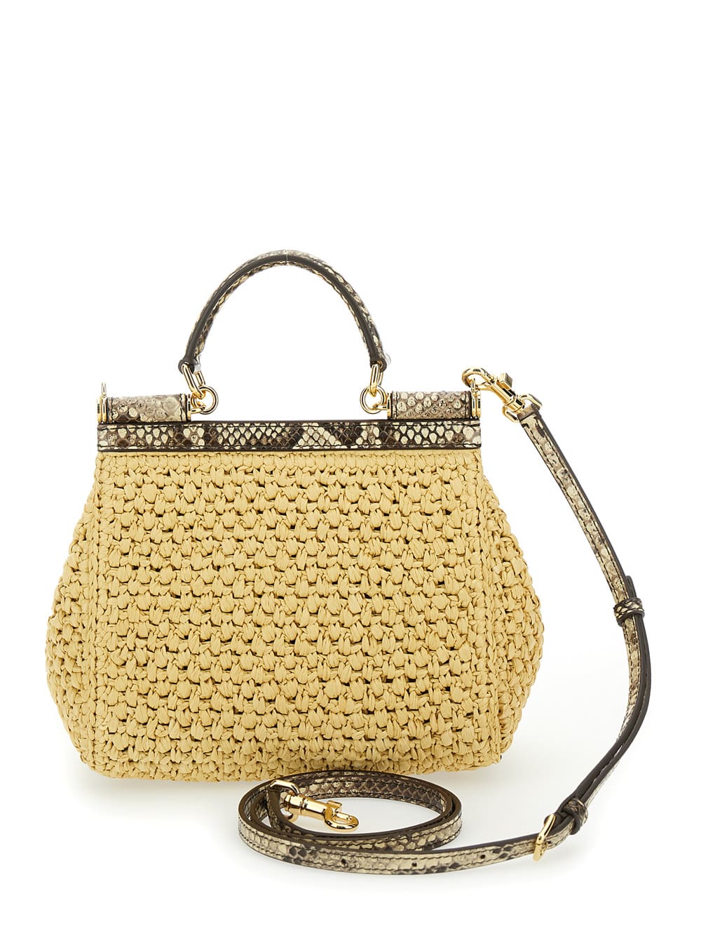 Shop Dolce & Gabbana Medium Sicily Beige Handbag With Logo Plaque In Raffia Crochet Woman