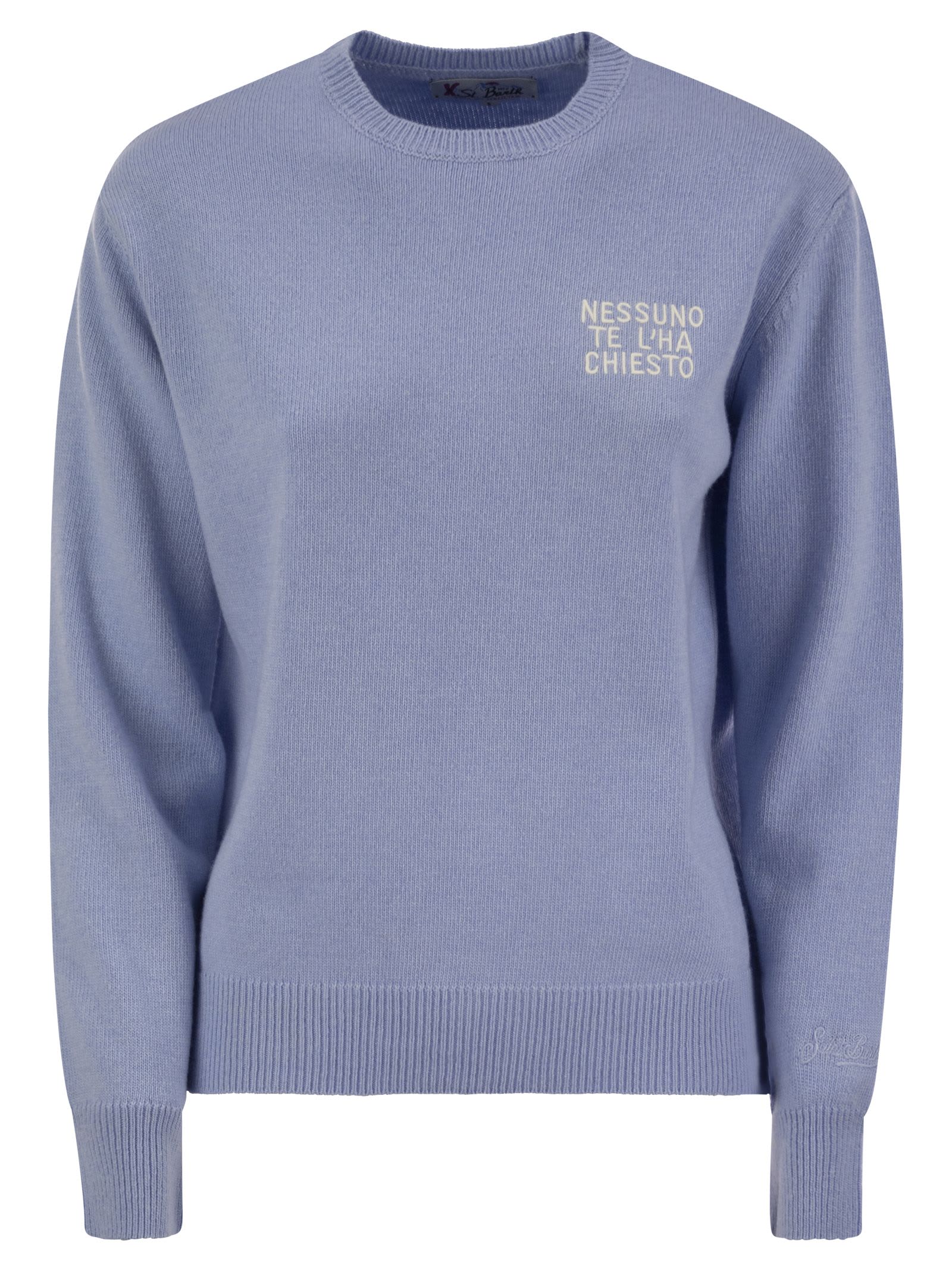 Shop Mc2 Saint Barth Wool And Cashmere Blend Sweater With Embroidery Nessuno Te Lha Chiesto In Light Blue