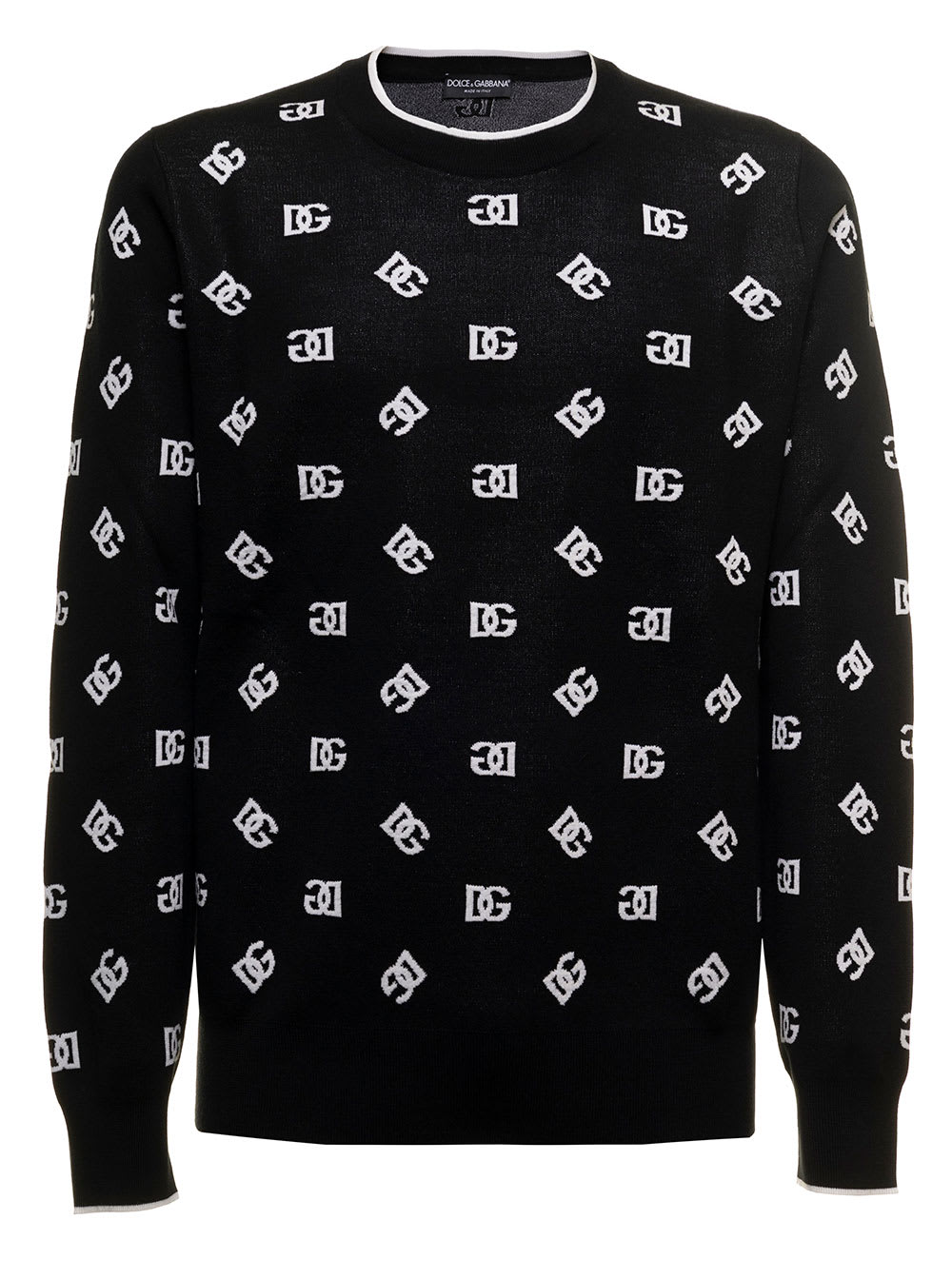 Dolce & Gabbana Mans Black Wool And Silk Sweater With Dg Logo Jacquard