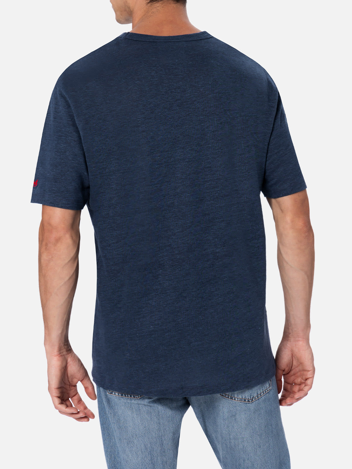 Mc2 Saint Barth Man Linen Jersey T-shirt Ecstasea With Printed And Embroidered Pocket In Blue
