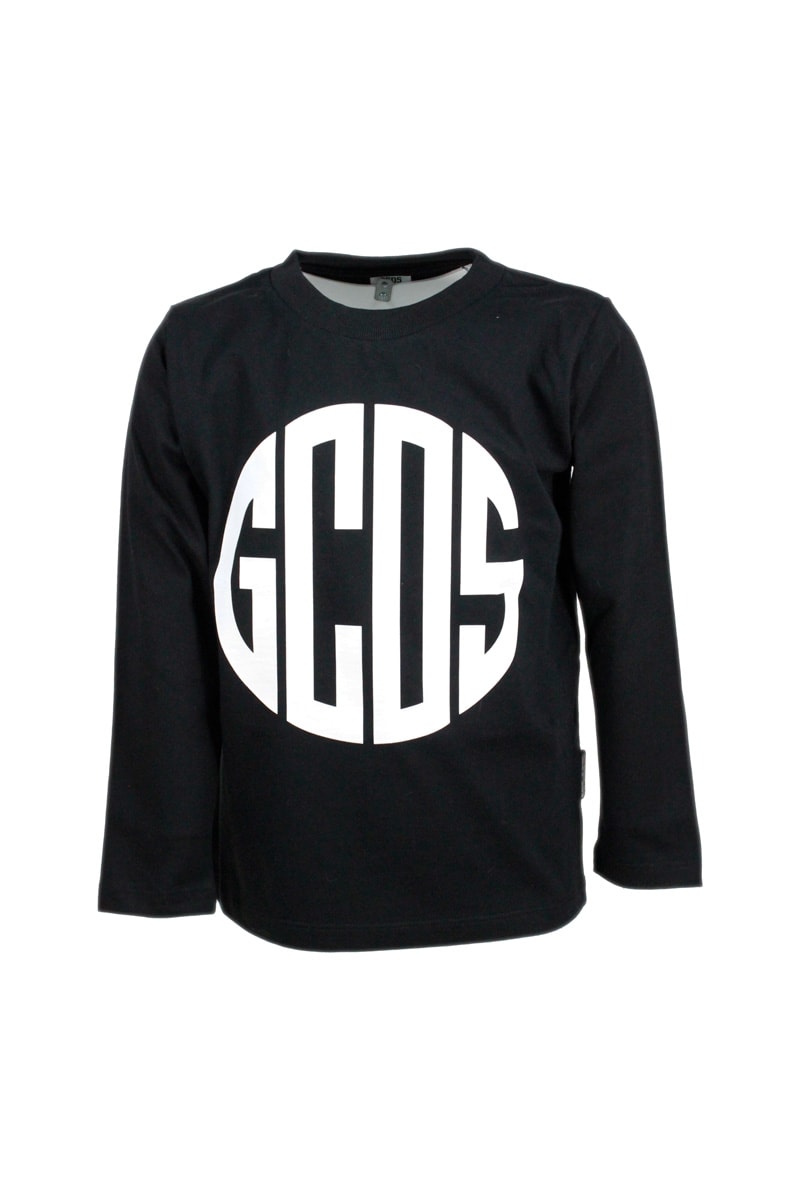 GCDS Mini Long-sleeved Round-neck Cotton T-shirt With Logo Print