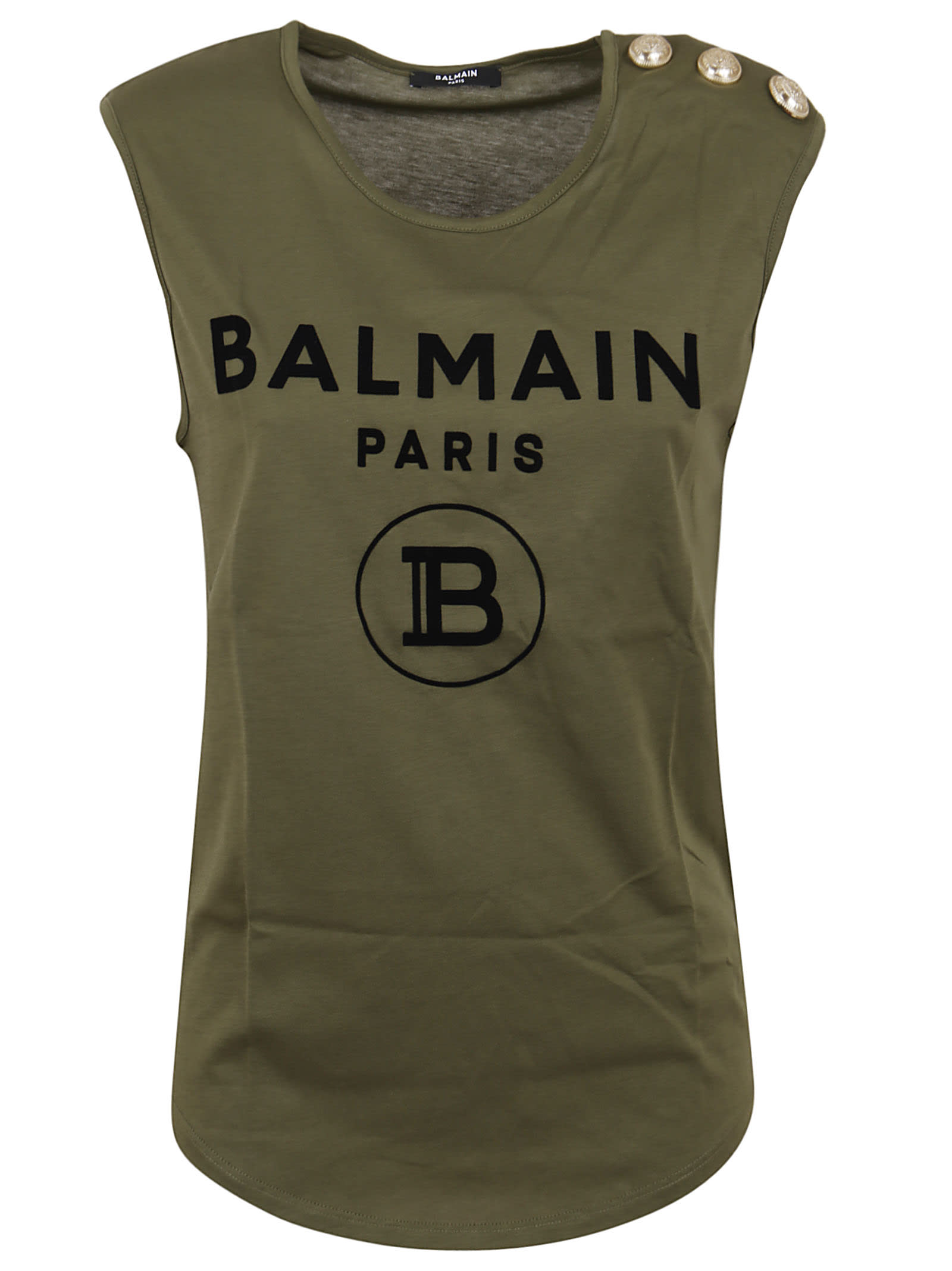Balmain 3 Btn Flocked Logo Tank Top In Ubk Kaki/noir