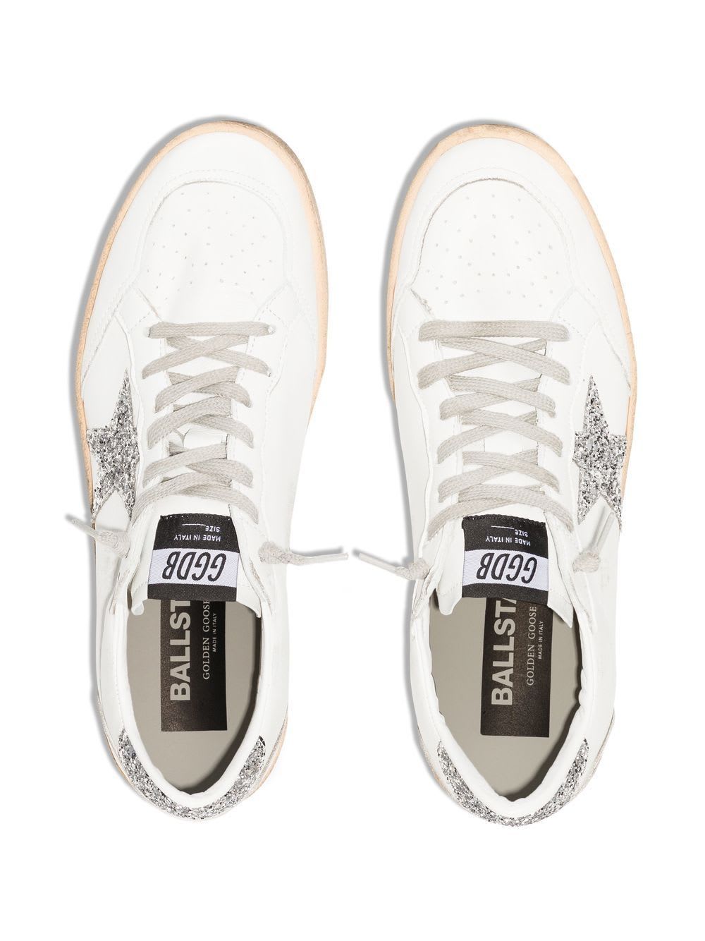 Shop Golden Goose Ballstar Nappa Upper And Spur Glitter Star And Heel In White Silver