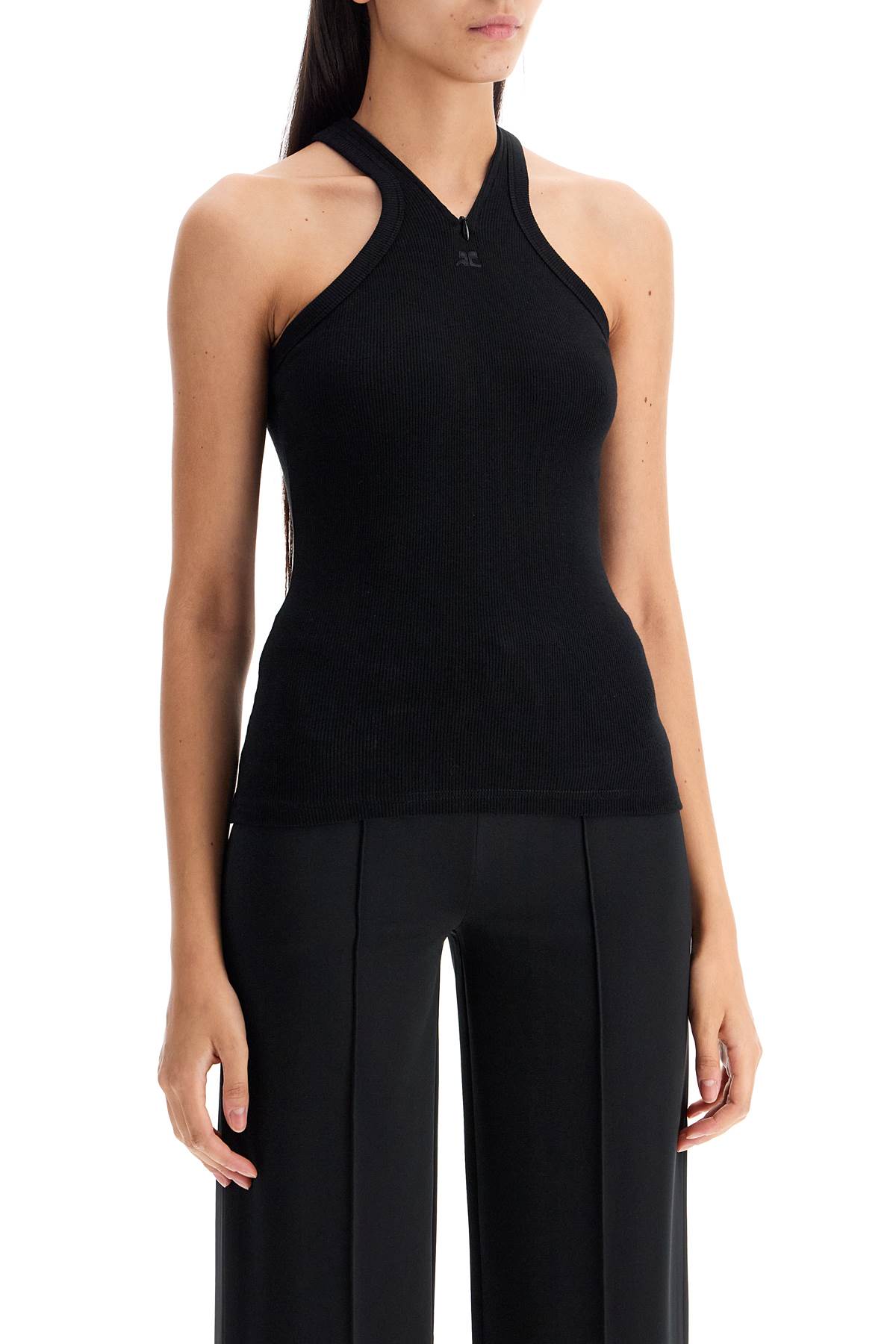 Shop Courrèges Ribbed Tank Top With Zipper On The Neckline In Black (black)