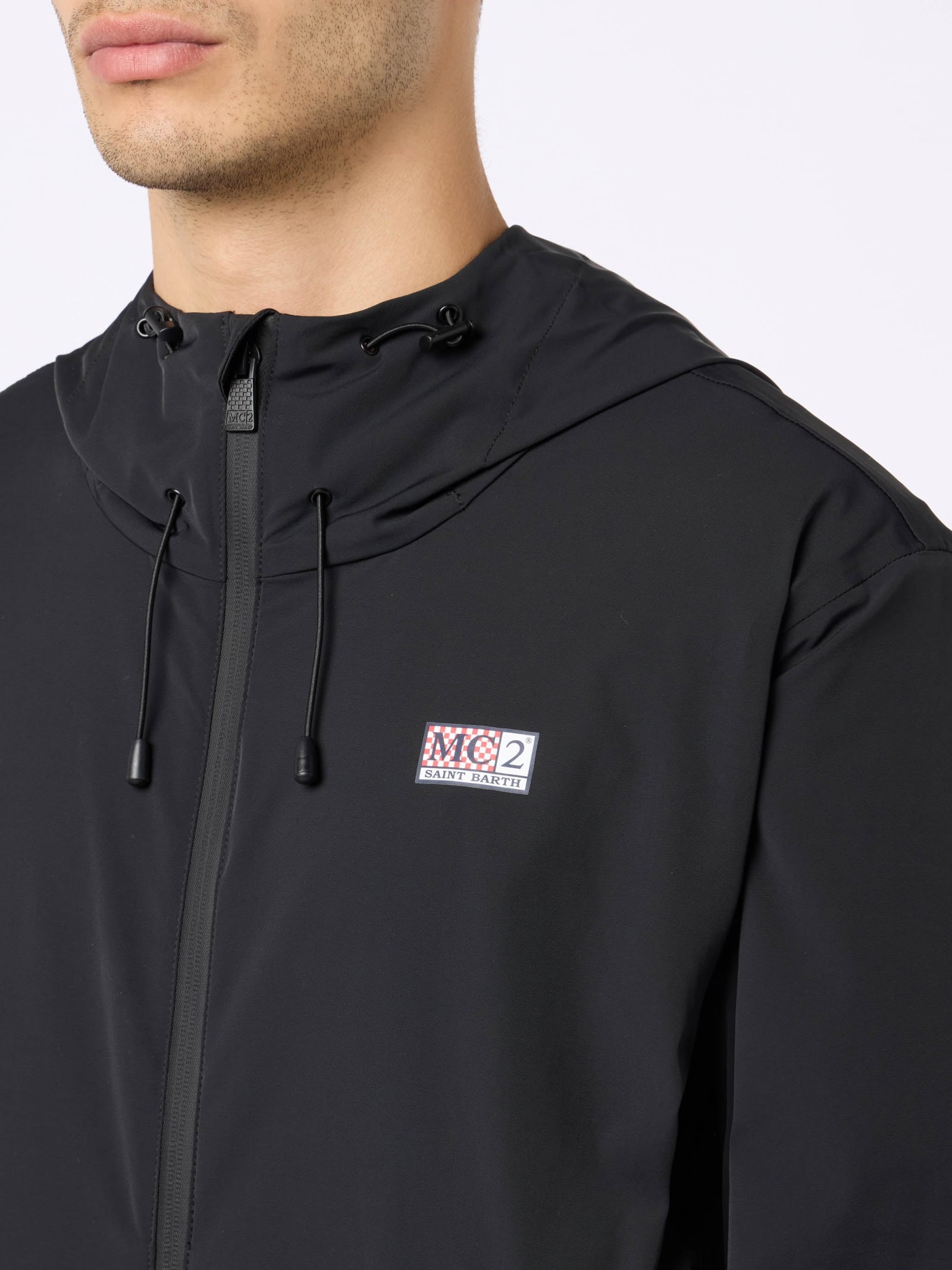 Mc2 Saint Barth Man Hooded Lightweight Black Fabric Windbreaker Sloop In Black