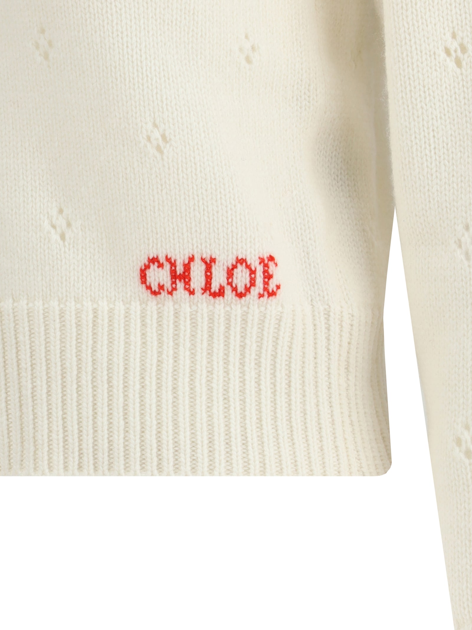 Chloé Wool And Cashmere Fitted Sweater With An Openwork Motif Clothing In White