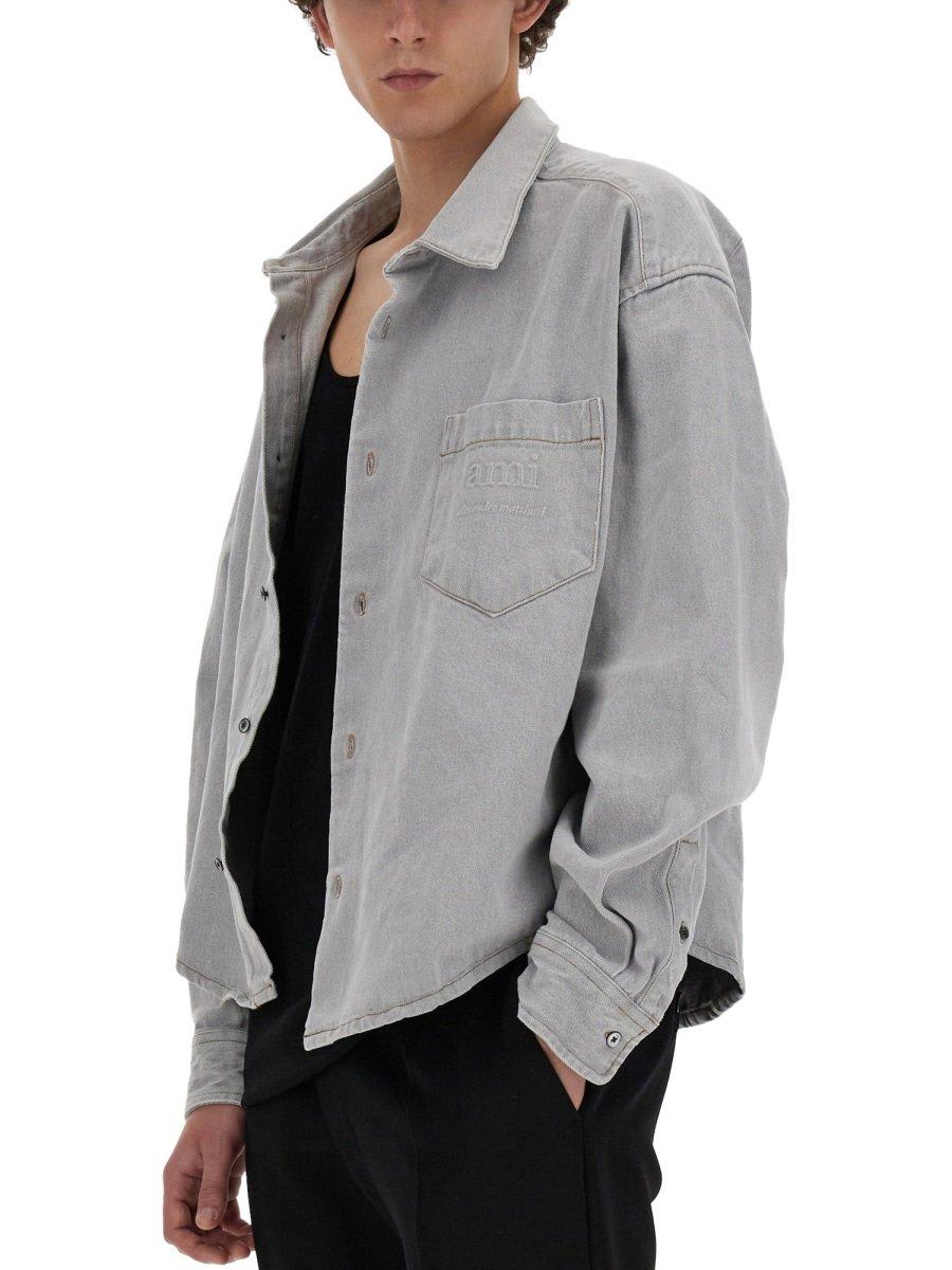 Shop Ami Alexandre Mattiussi Paris Long-sleeved Button-up Shirt In Grey