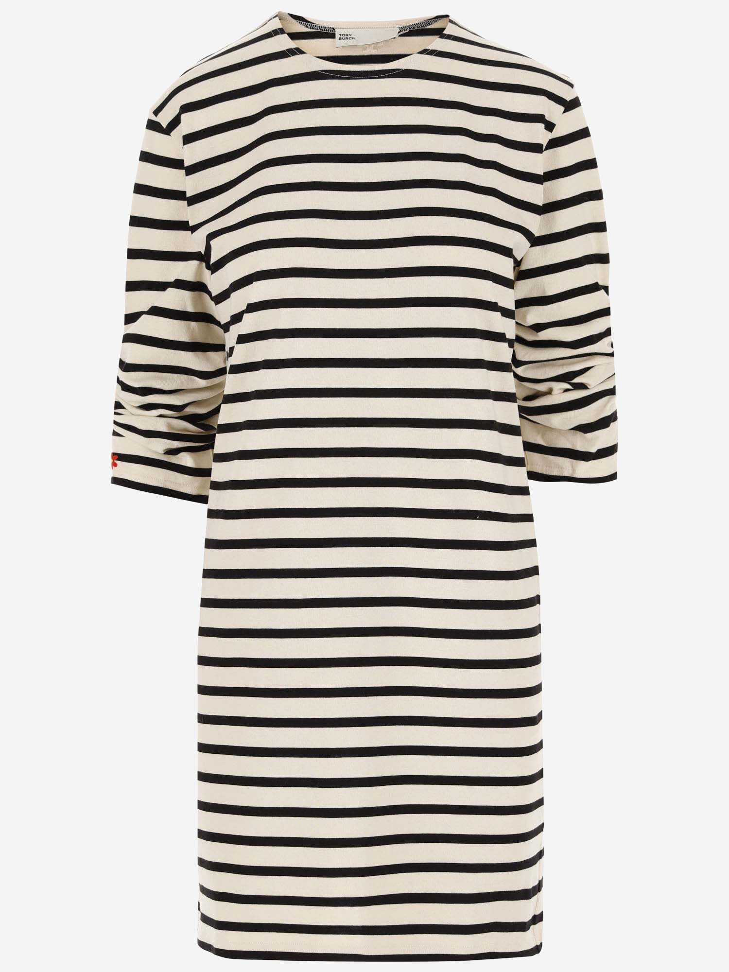 Shop Tory Burch Scrunched Sleeve Jersey T-shirt Dress In Ivory / Black