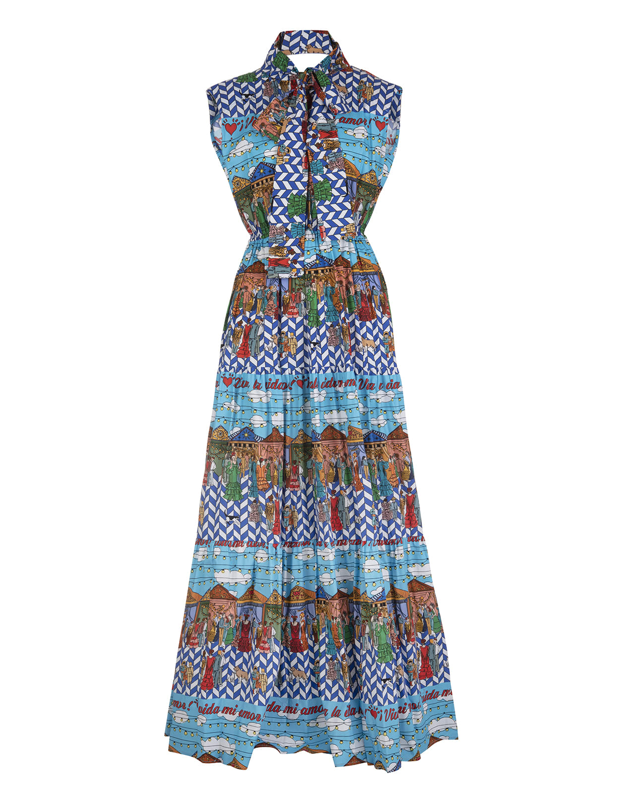 ALESSANDRO ENRIQUEZ LONG SLEEVELESS DRESS WITH ALL-OVER POP GRAPHIC PRINT