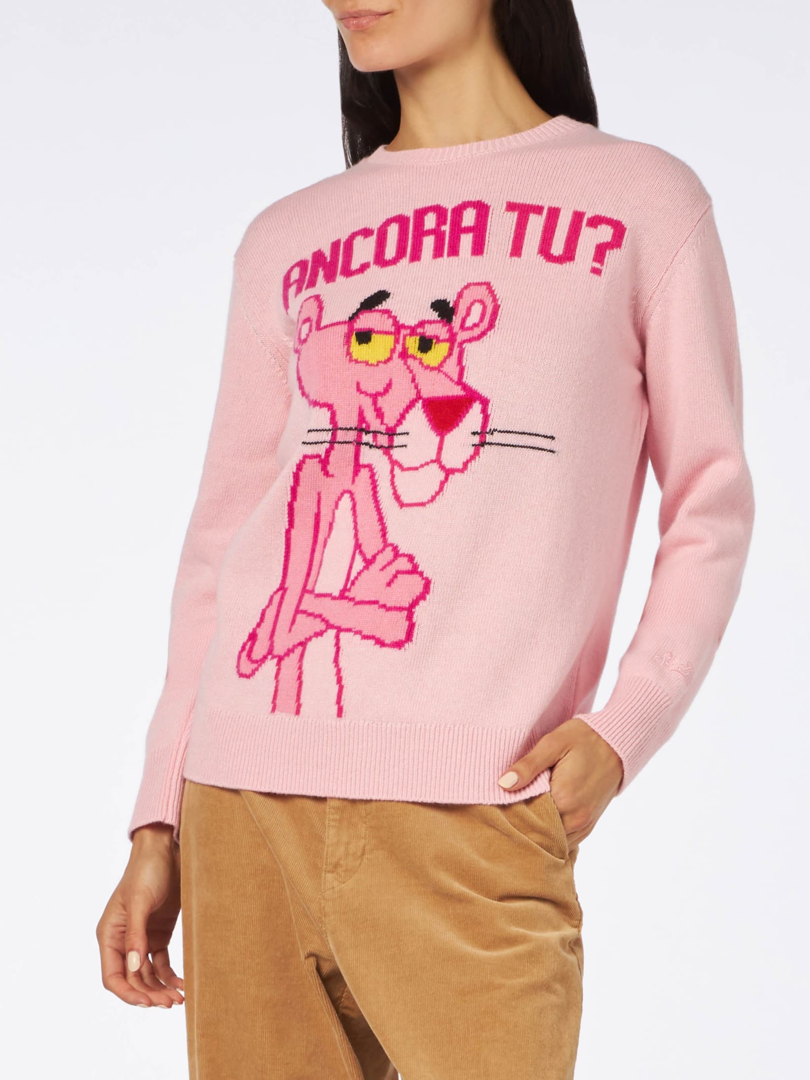 Shop Mc2 Saint Barth Woman Crewneck Pink Sweater With Pink Panther Ancora Tu? Print The Pink Panther Special Edition