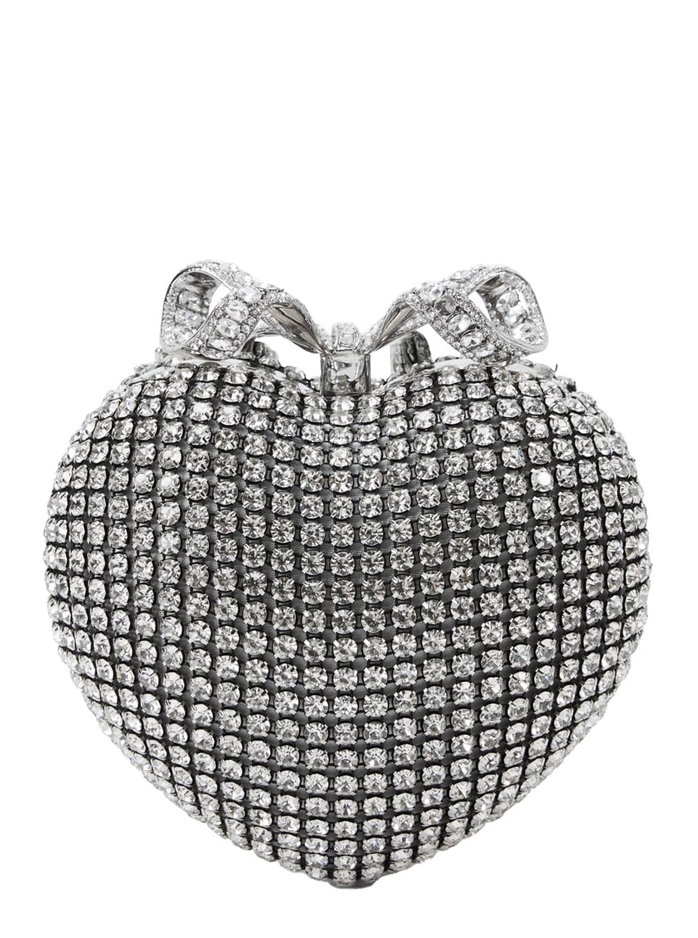 SELF-PORTRAIT HEART SILVER CLUTCH WITH BOW ON THE FRONT AND ALL-OVER CRYSTAL DECORATIONS IN TECH FABRIC WOMAN 