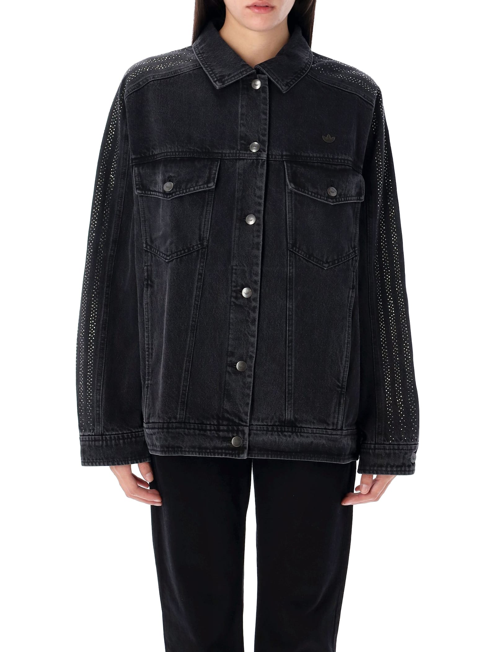 Shop Adidas Originals Atlanta Rhinestone Denim Jacket In Black