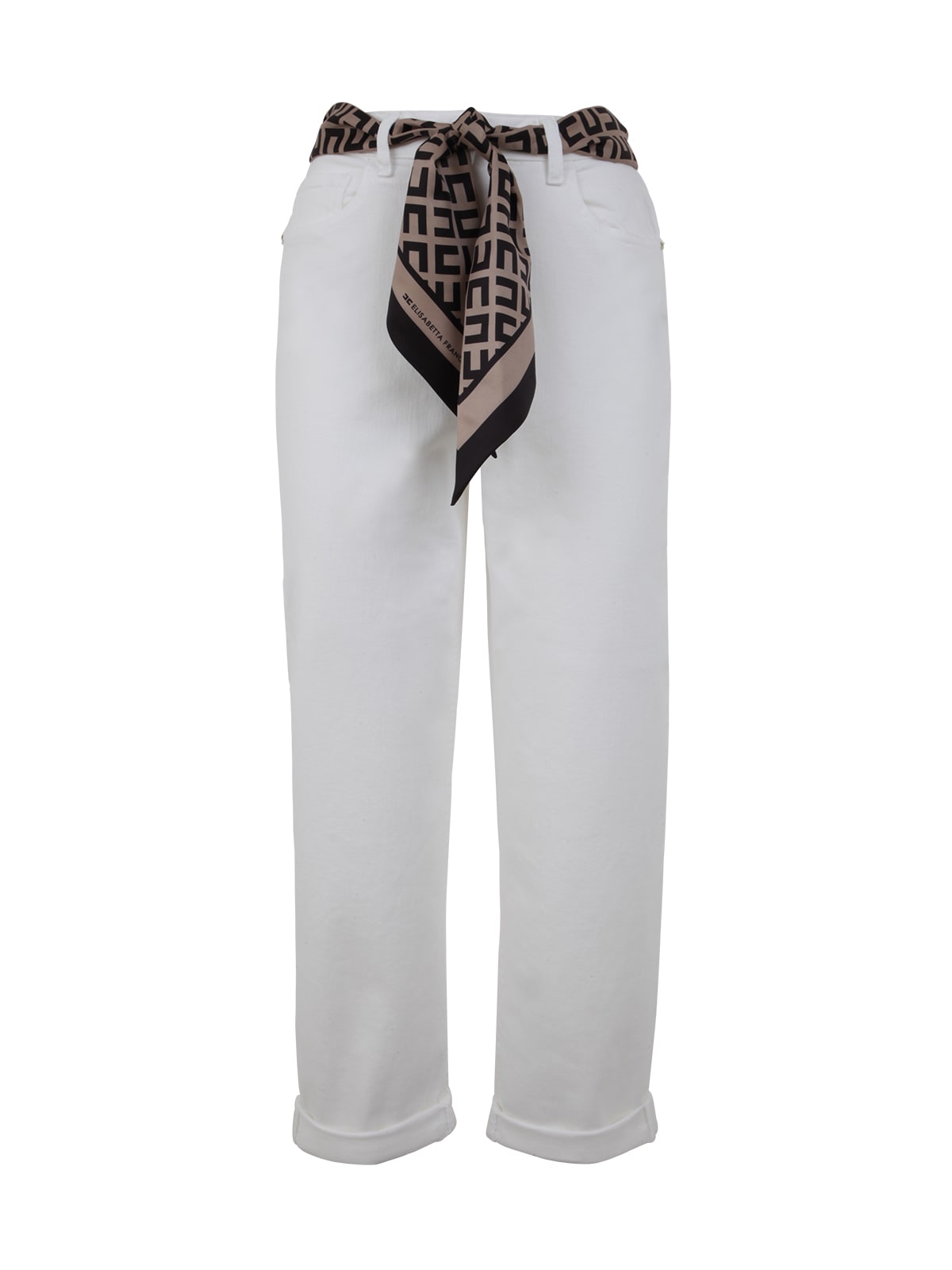 Elisabetta Franchi Trouser With Sash And Logo In Ivory